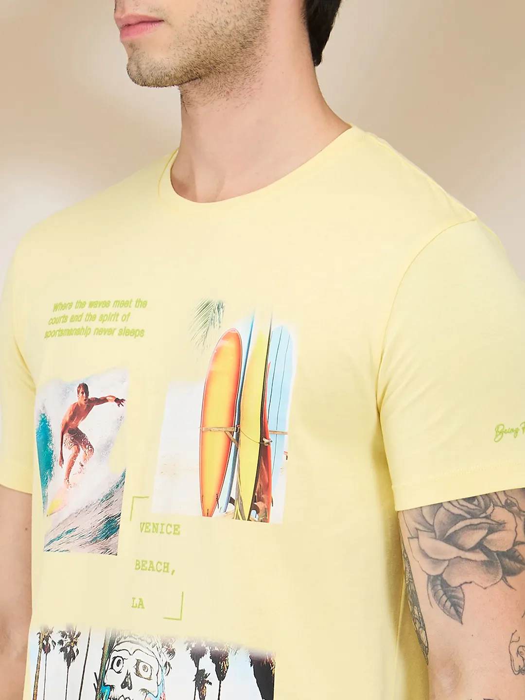 Yellow Slim Fit Round Neck Men's T-Shirt by Being Human Clothing - Image 5