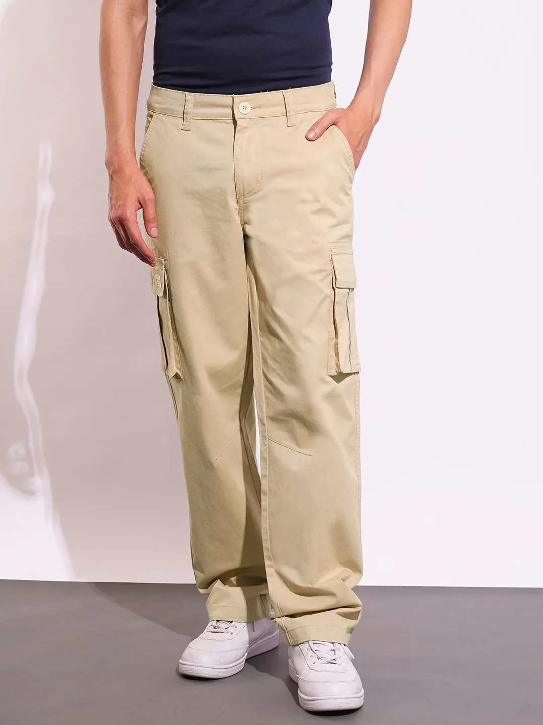 Beige Slim Fit Men's Cargos by Being Human Clothing