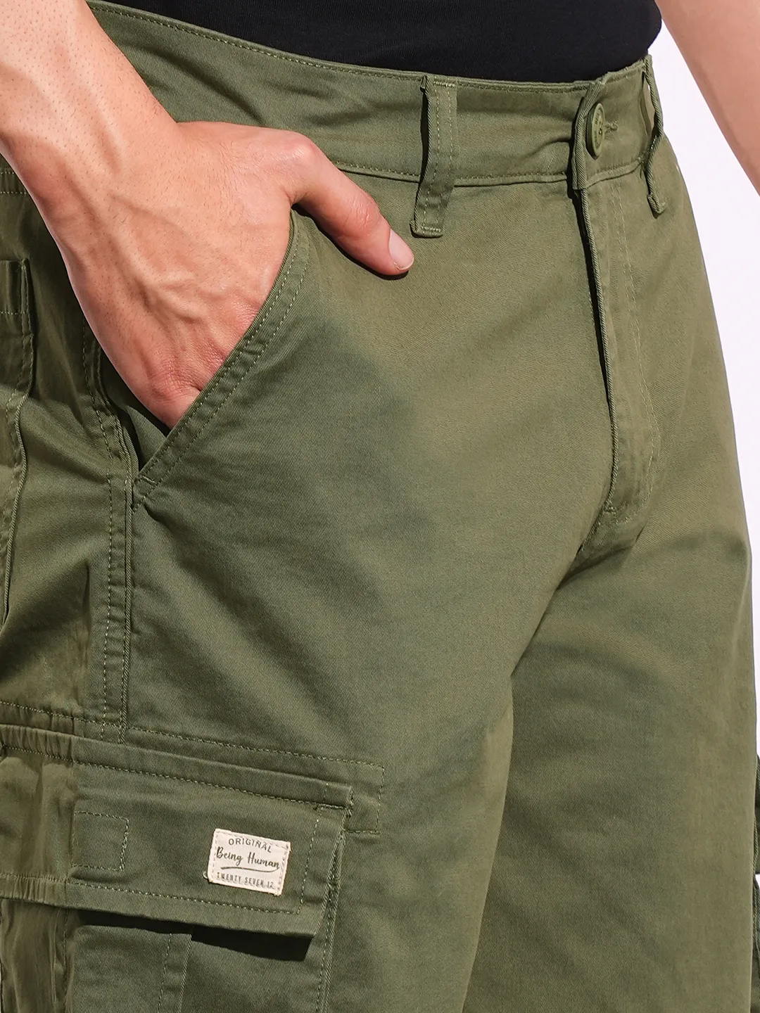 Olive Slim Fit Men's Cargos by Being Human Clothing - Image 5