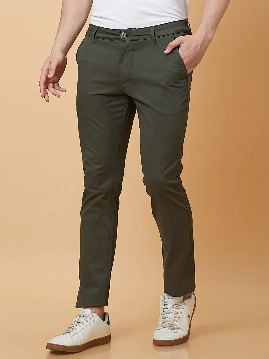 Military Green Slim Fit Chinos For Men By Being Human Clothing - Image 4