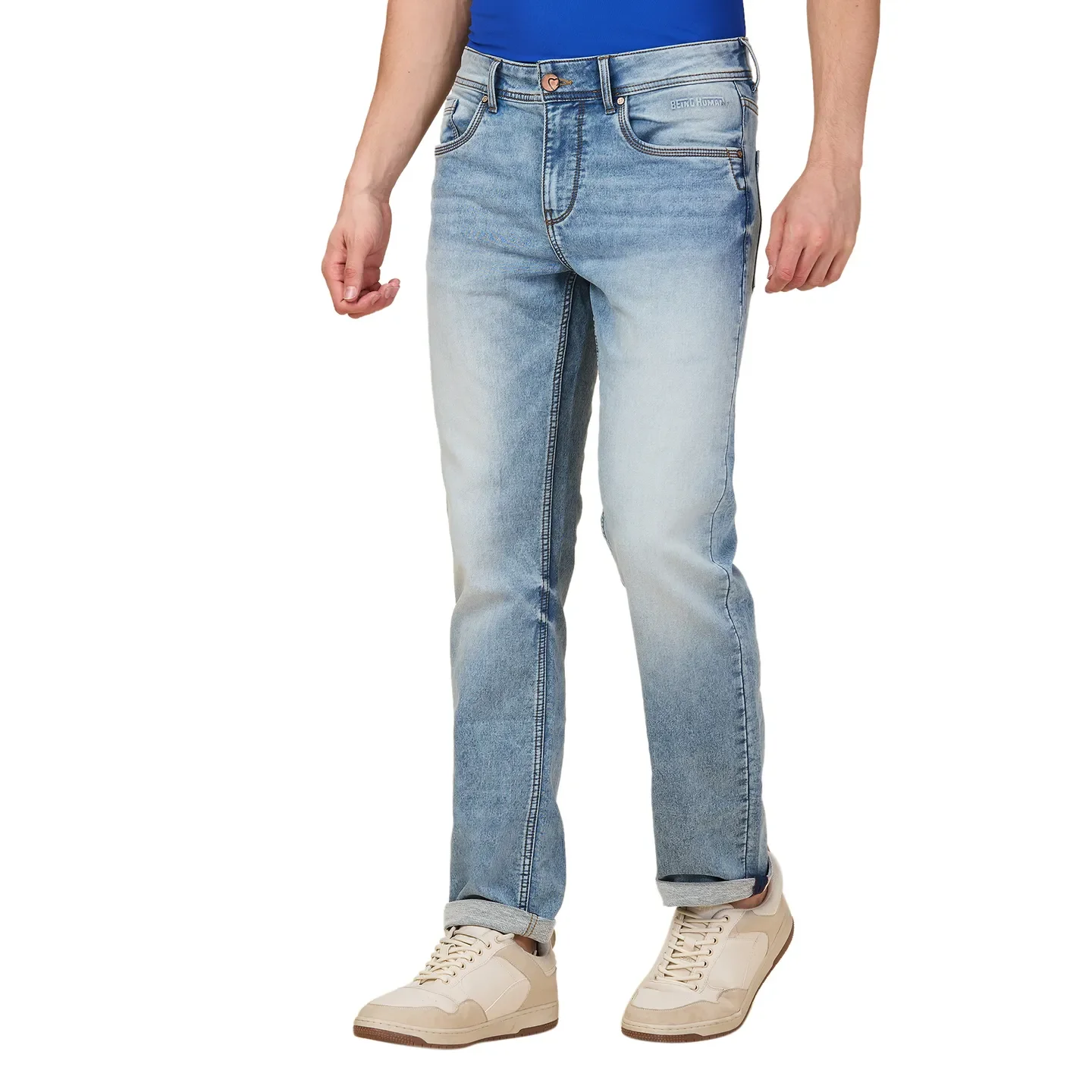 Blue Straight Fit Denims For Men By Being Human Clothing - Image 4