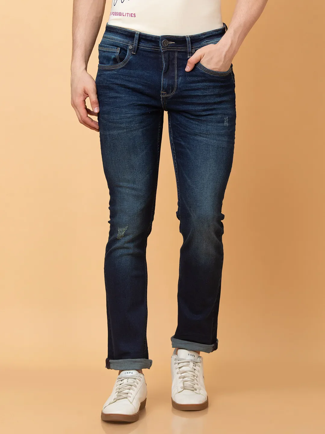 Dark Blue Straight Fit Denims For Men By Being Human Clothing