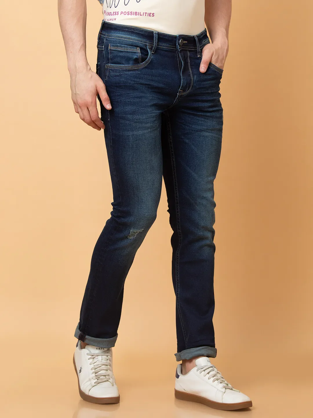 Dark Blue Straight Fit Denims For Men By Being Human Clothing - Image 4