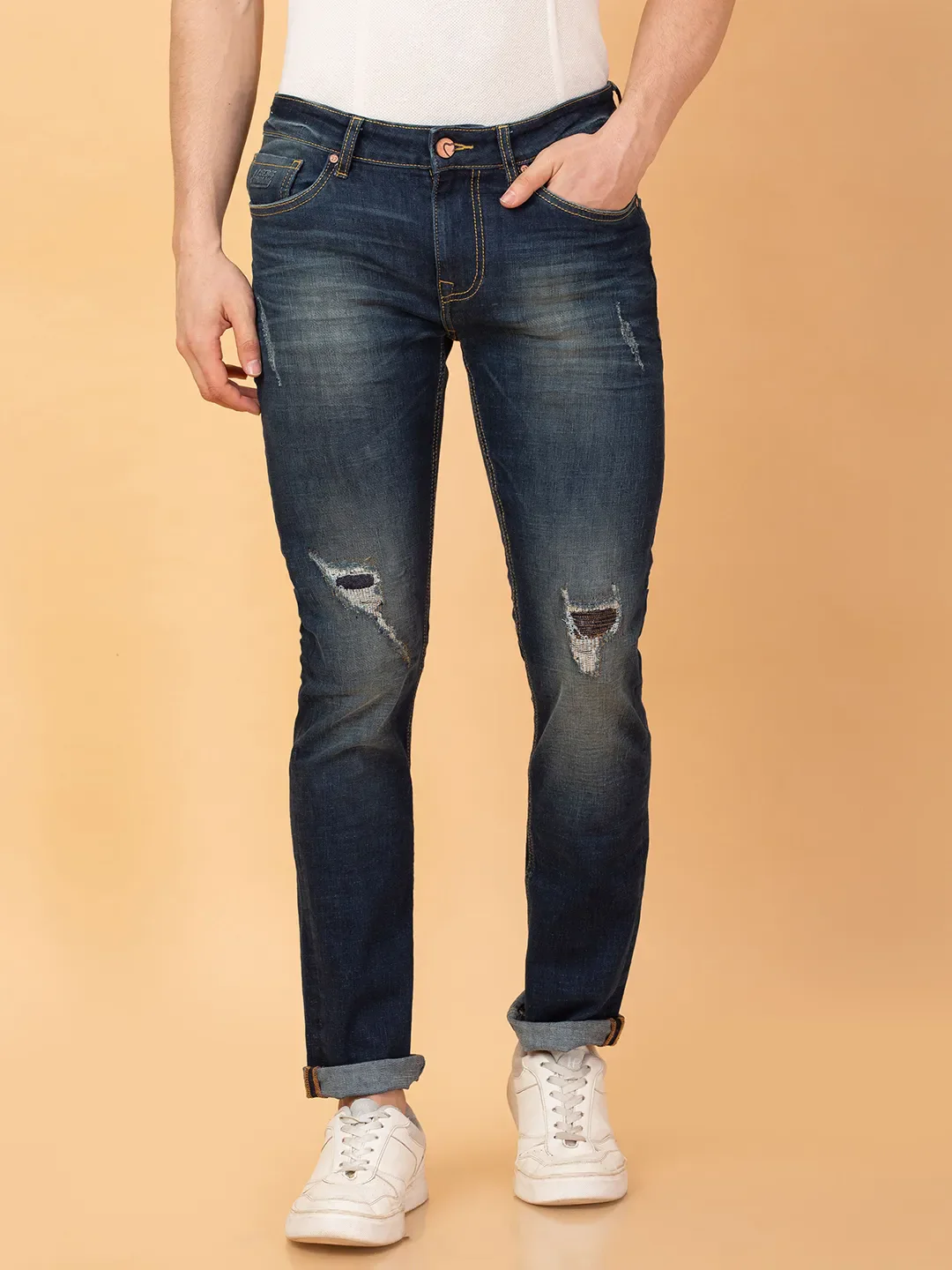 Dark Blue Straight Fit Denims For Men By Being Human Clothing