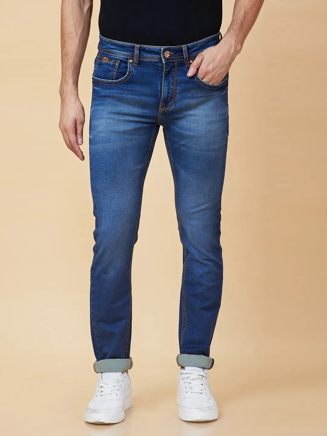 Dark Blue Straight Fit Denims For Men By Being Human Clothing