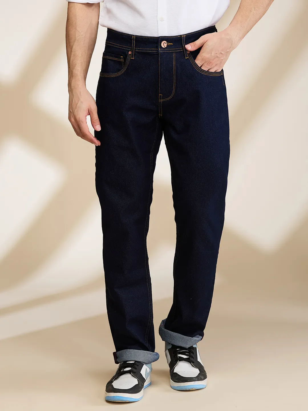Dark Blue Straight Fit Denims For Men By Being Human Clothing
