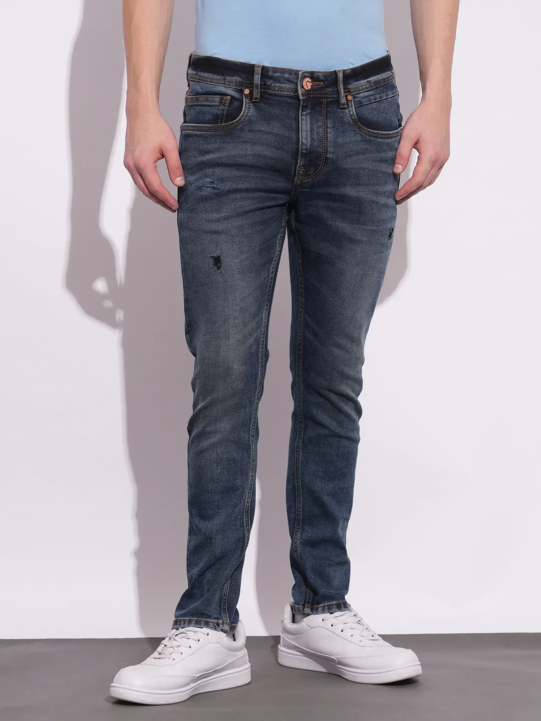 Dark Blue Cropped Fit Denims For Men By Being Human Clothing