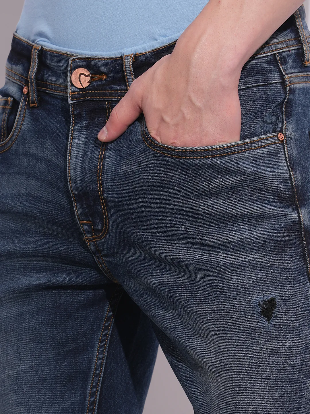 Dark Blue Cropped Fit Denims For Men By Being Human Clothing - Image 5