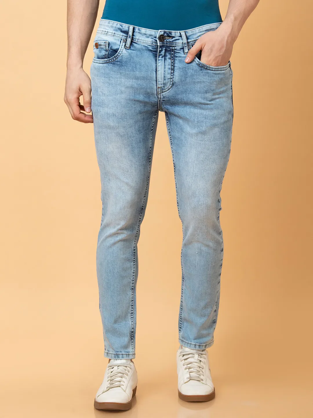 Light Blue Cropped Fit Denims For Men By Being Human Clothing