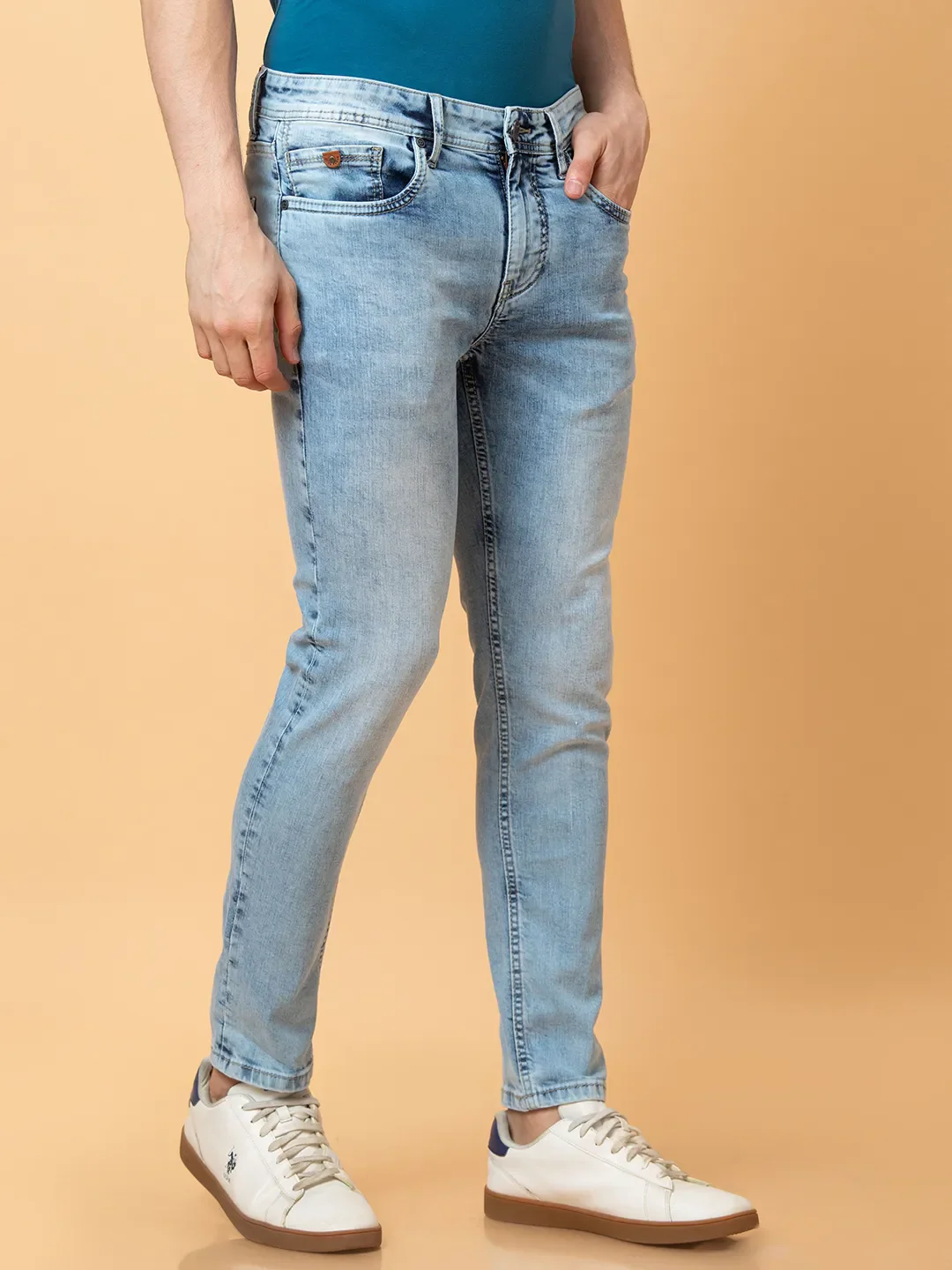 Light Blue Cropped Fit Denims For Men By Being Human Clothing - Image 4