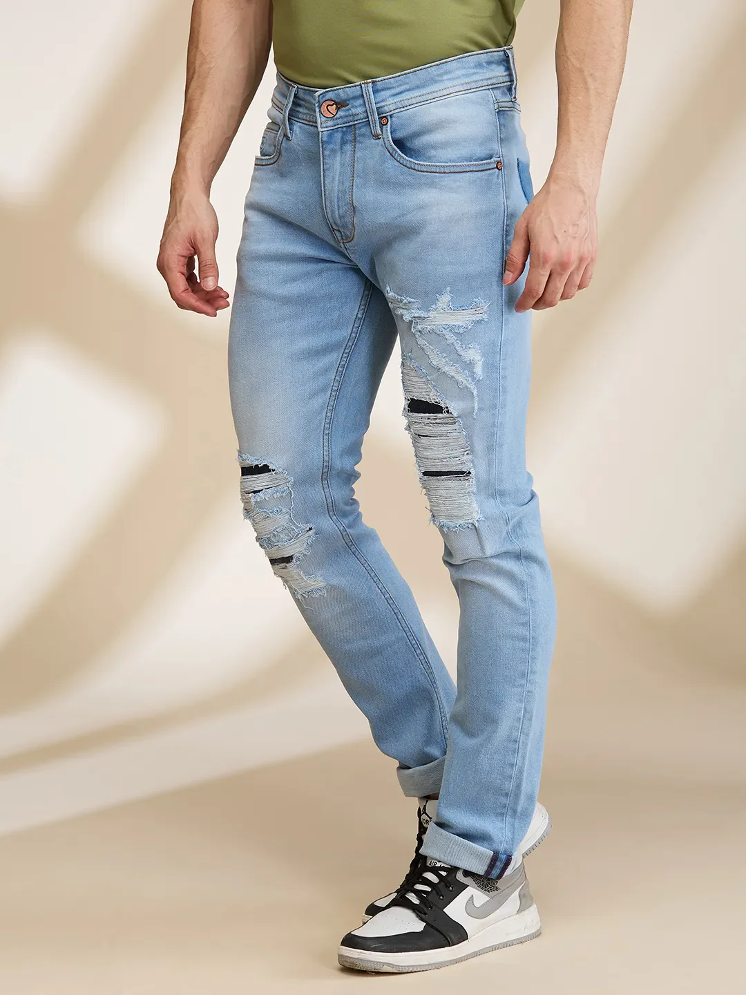 Light Blue Straight Fit Denims For Men By Being Human Clothing - Image 4