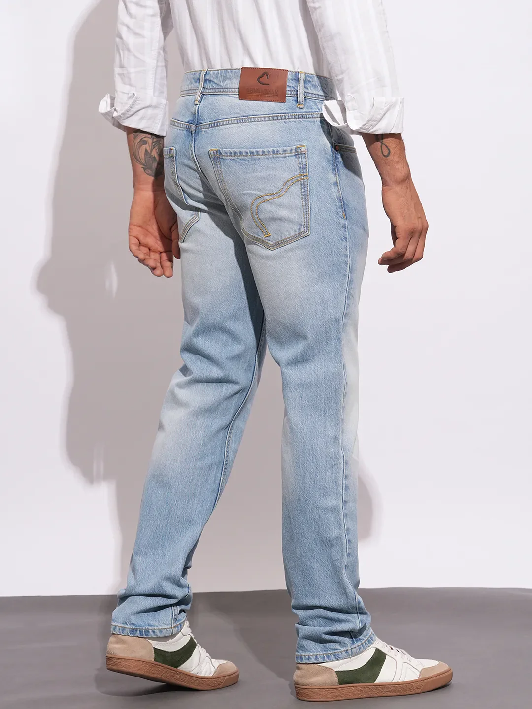 Light Blue Straight Fit Denims For Men By Being Human Clothing - Image 3