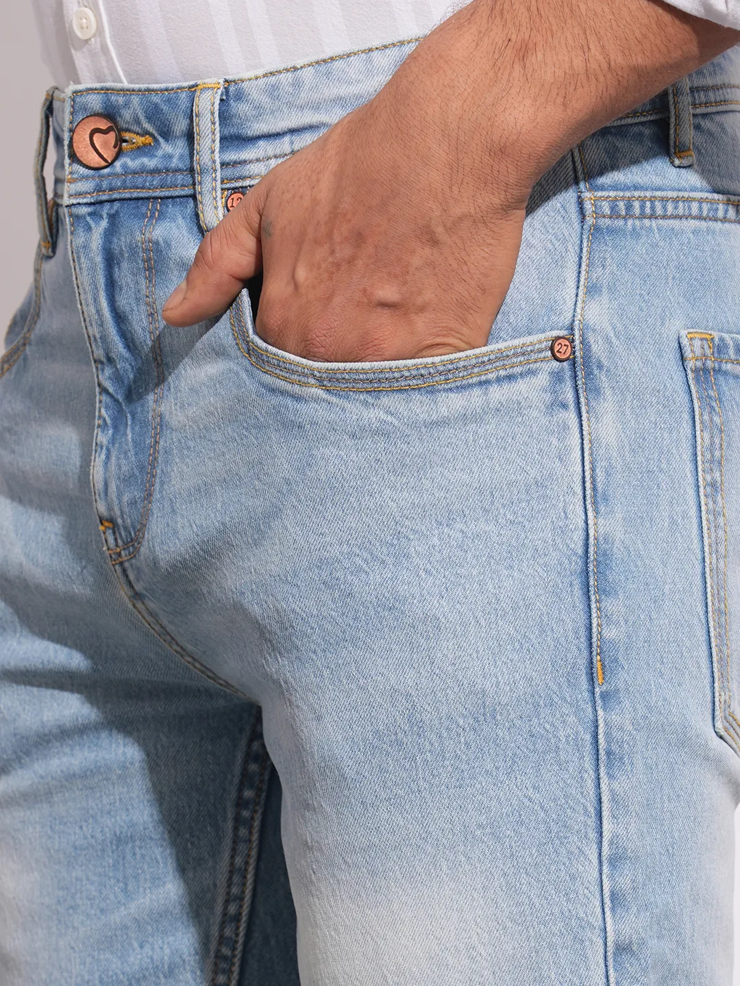 Light Blue Straight Fit Denims For Men By Being Human Clothing - Image 5