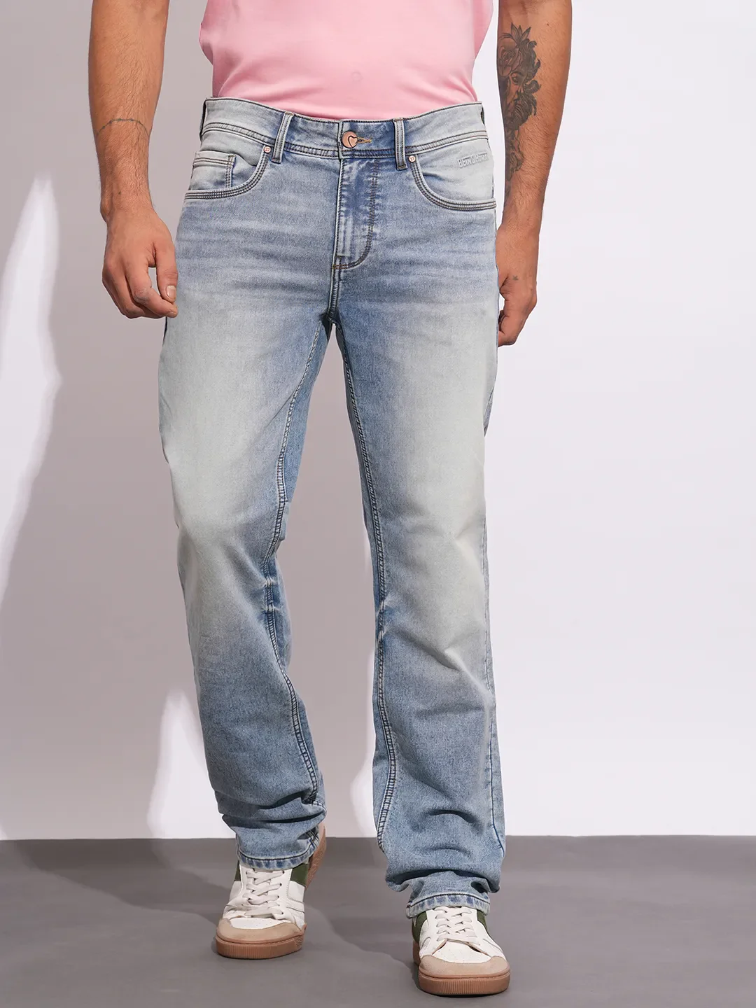 Light Blue Straight Fit Denims For Men By Being Human Clothing