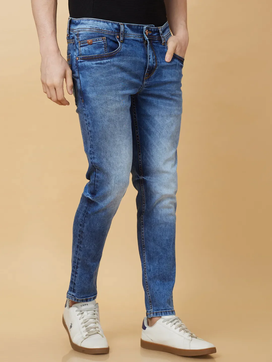 Blue Cropped Fit Denims For Men By Being Human Clothing - Image 4