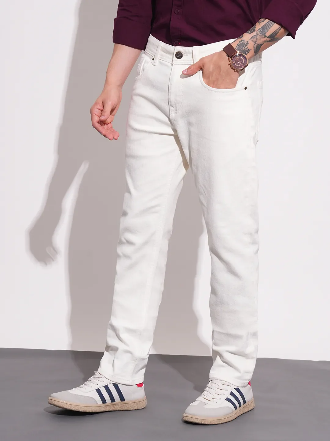White Straight Fit Men's Denims by Being Human Clothing - Image 2