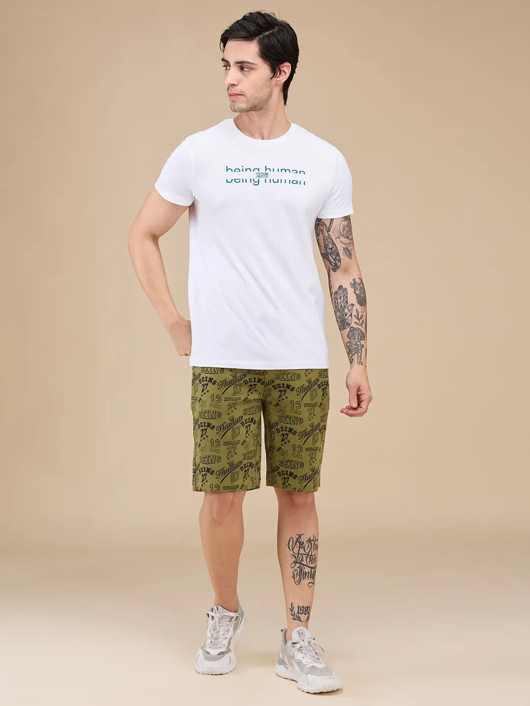 Olive Regular Fit Shorts For Men By Being Human Clothing - Image 2