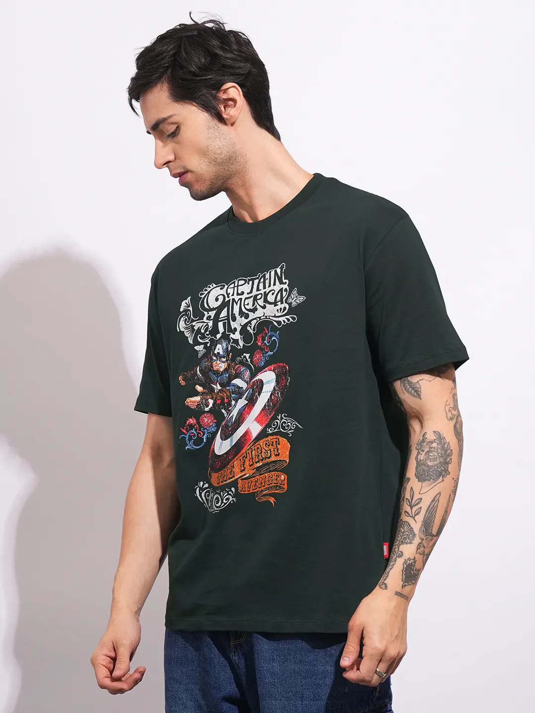 Captain America Dark Green Easy Fit Round Neck Men's T-Shirt by Being Human Clothing - Image 2