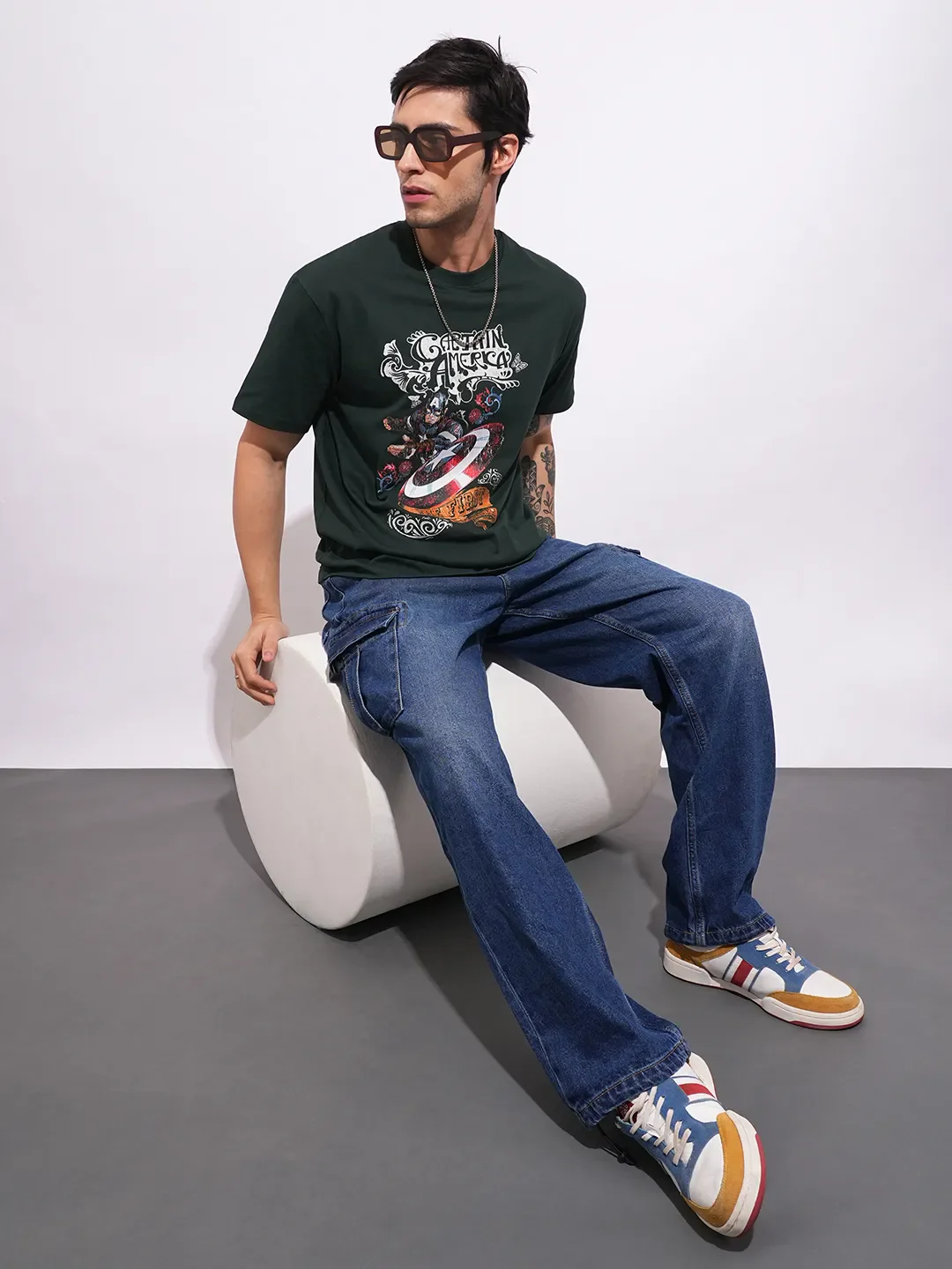 Captain America Dark Green Easy Fit Round Neck Men's T-Shirt by Being Human Clothing - Image 4
