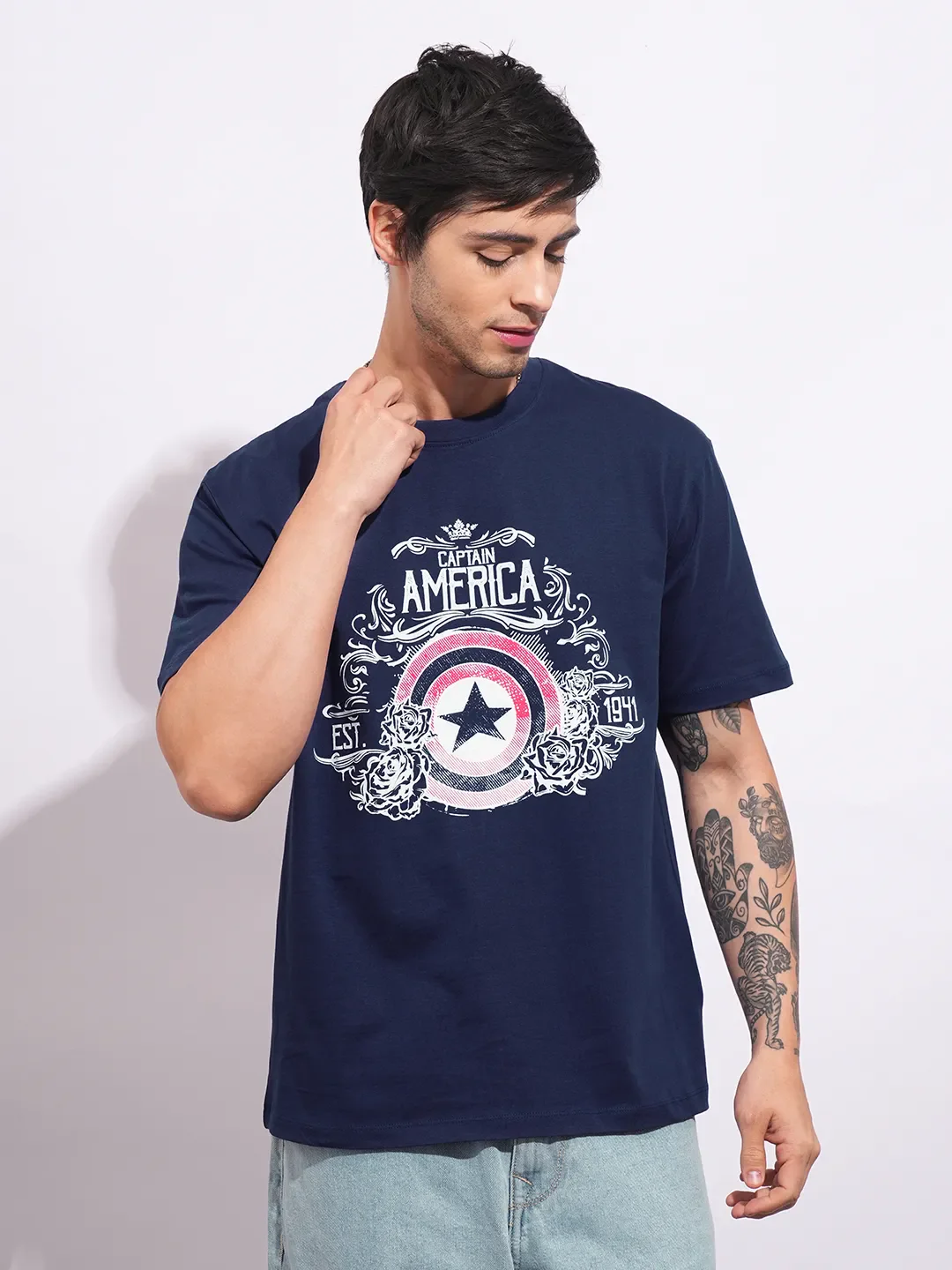 Captain America Navy Easy Fit Round Neck Men's T-Shirt by Being Human Clothing