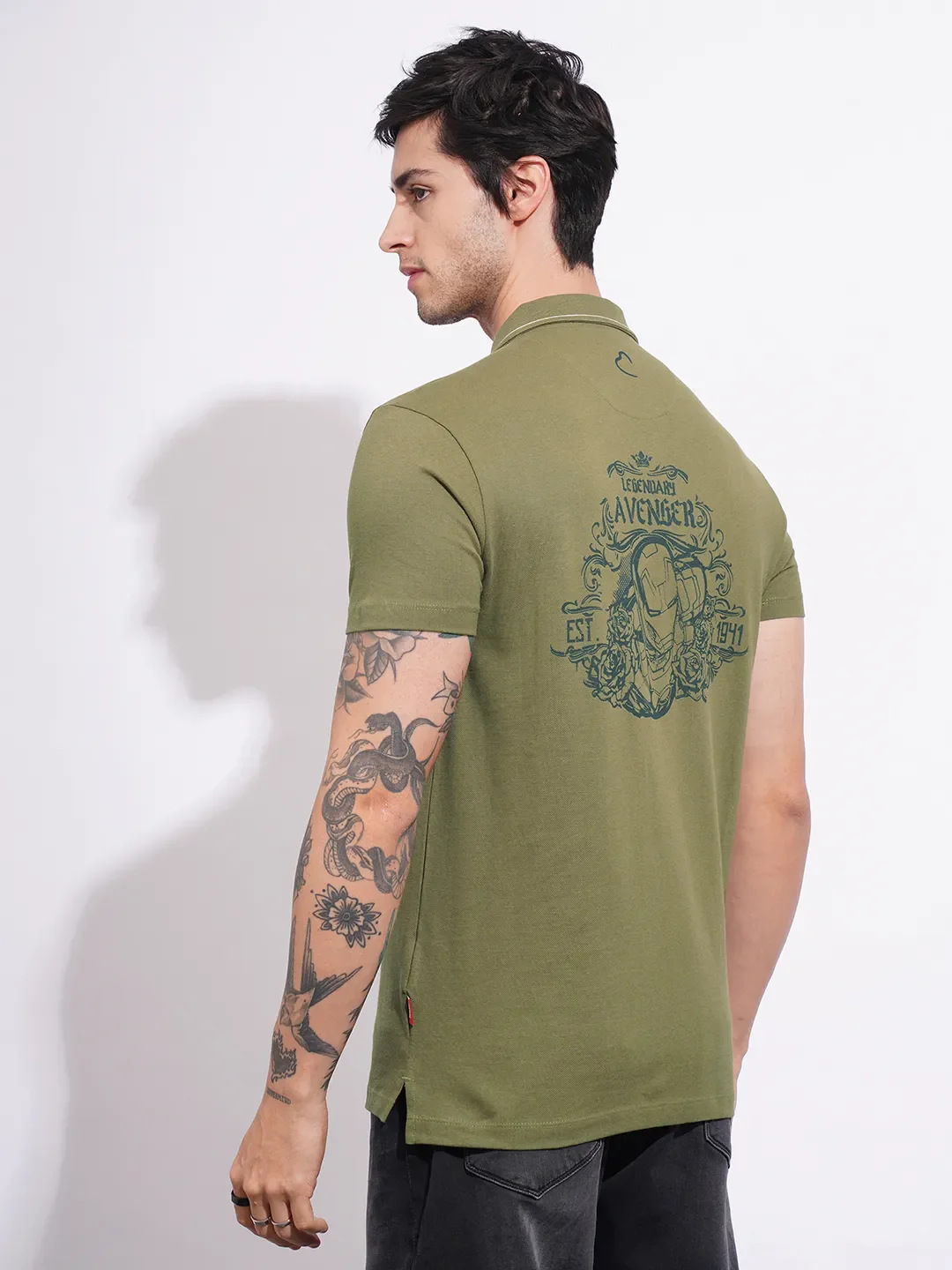 Avengers Olive Regular Fit Men's Polo T-Shirt by Being Human Clothing - Image 3