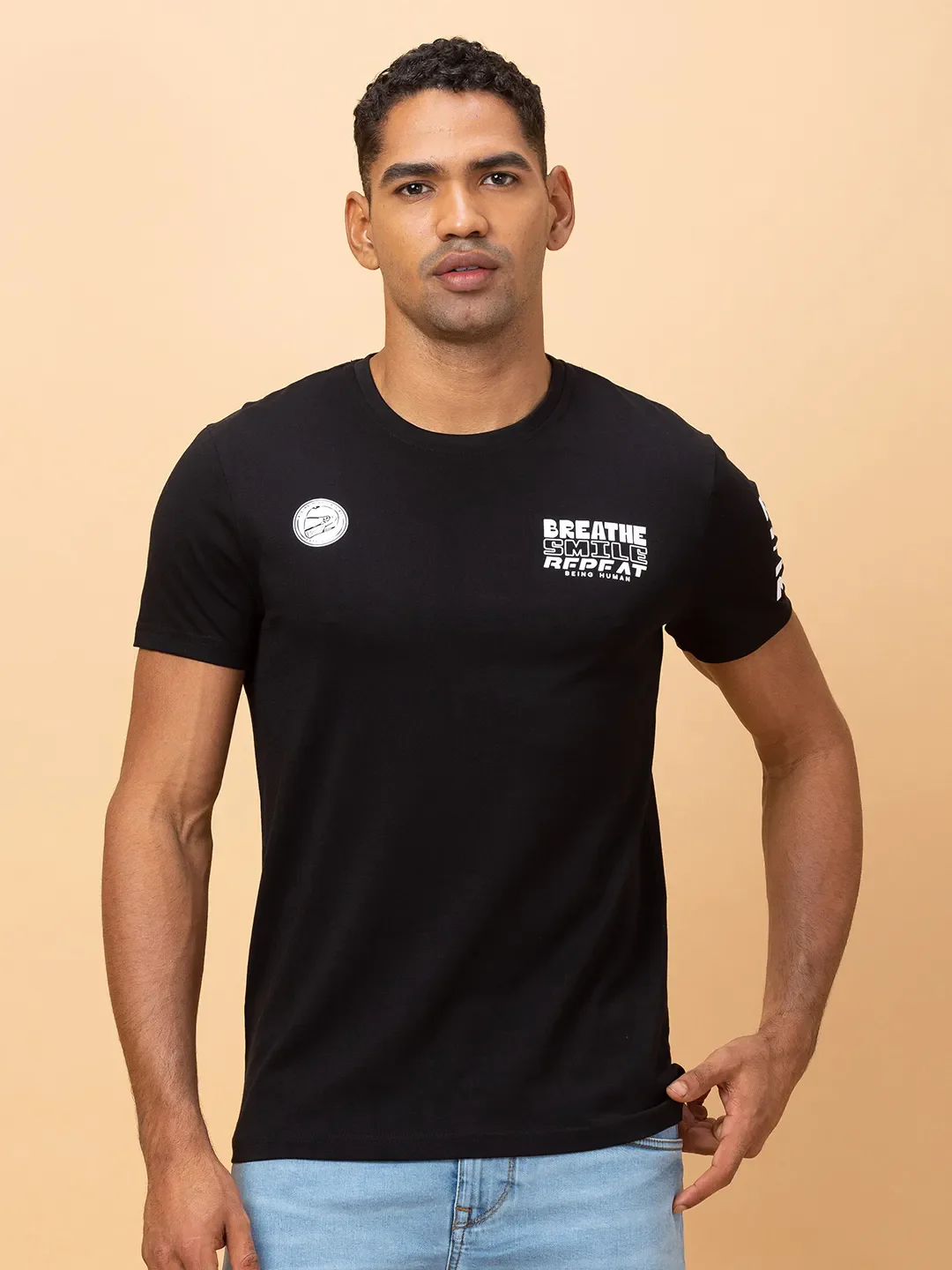 Black Slim Fit Round Neck Men's T-Shirt by Being Human Clothing
