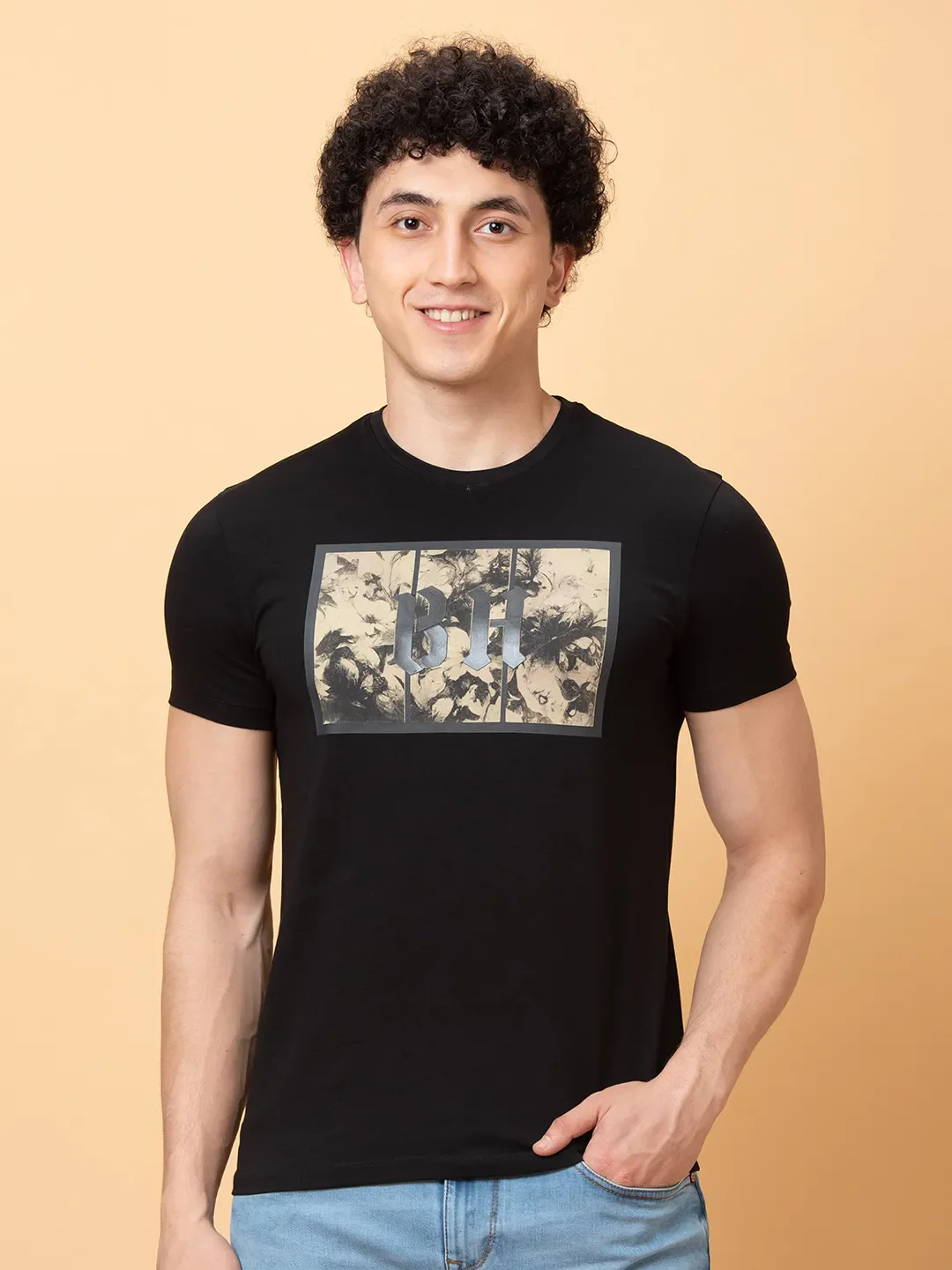 Black Regular Fit Round Neck Men's T-Shirt by Being Human Clothing