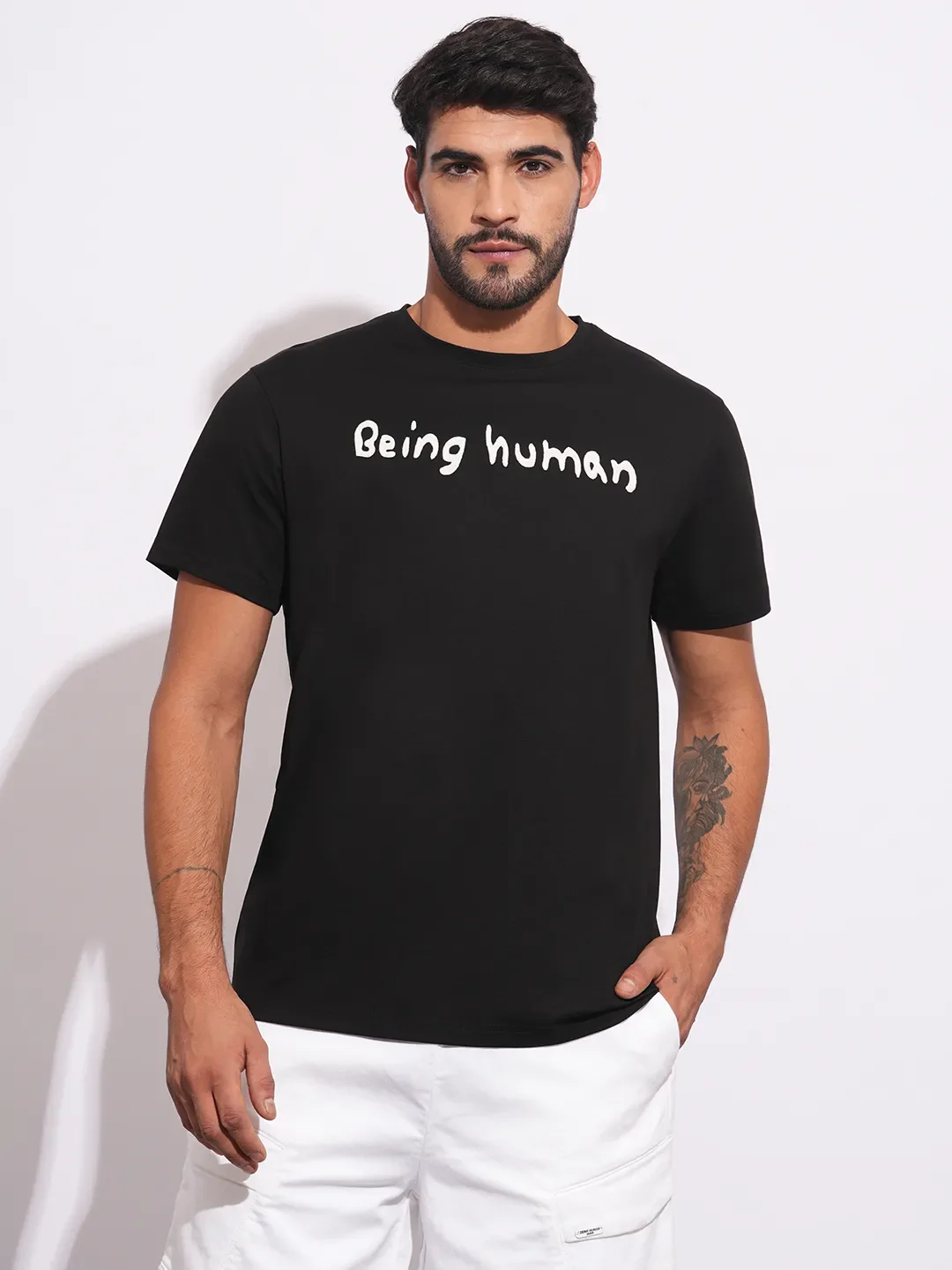 Black Slim Fit Round Neck Men's T-Shirt by Being Human Clothing