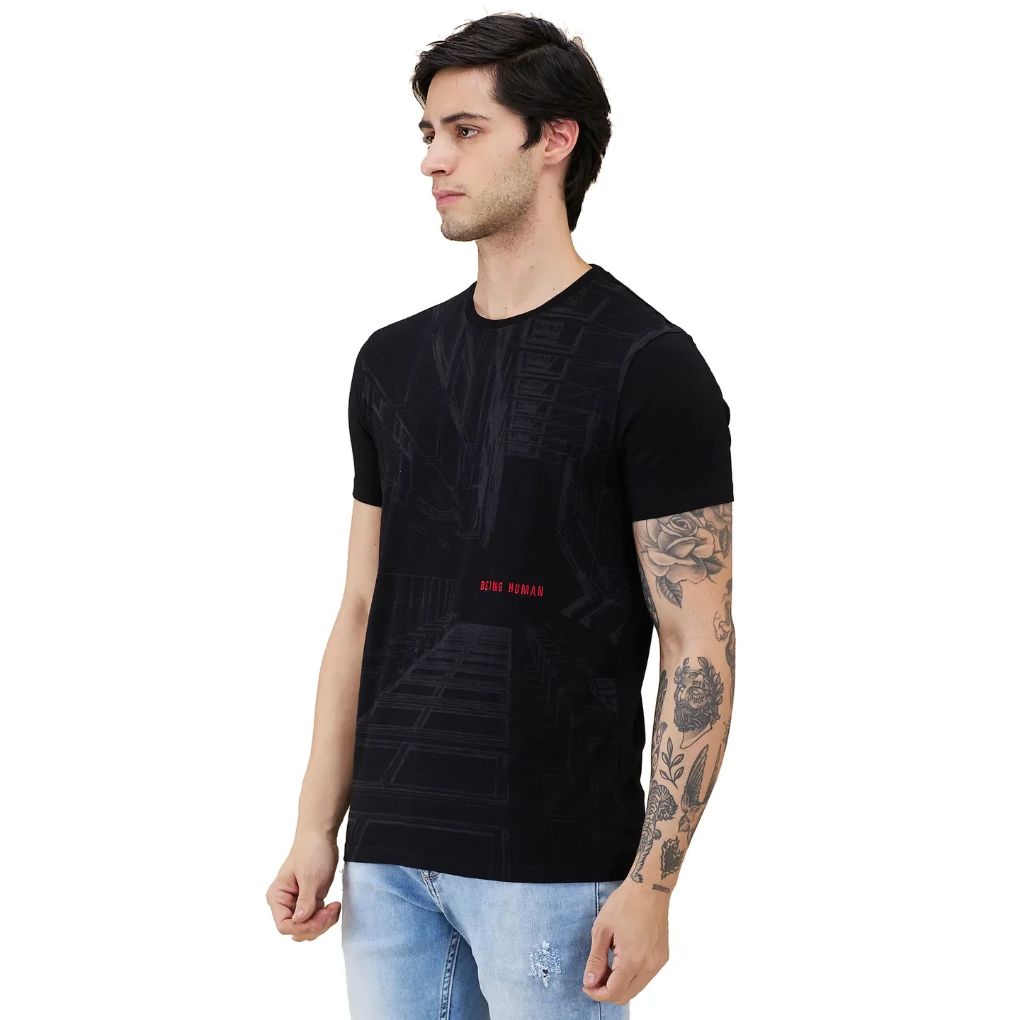 Black Sulpher Slim Fit Round Neck Men's T-Shirt by Being Human Clothing - Image 4
