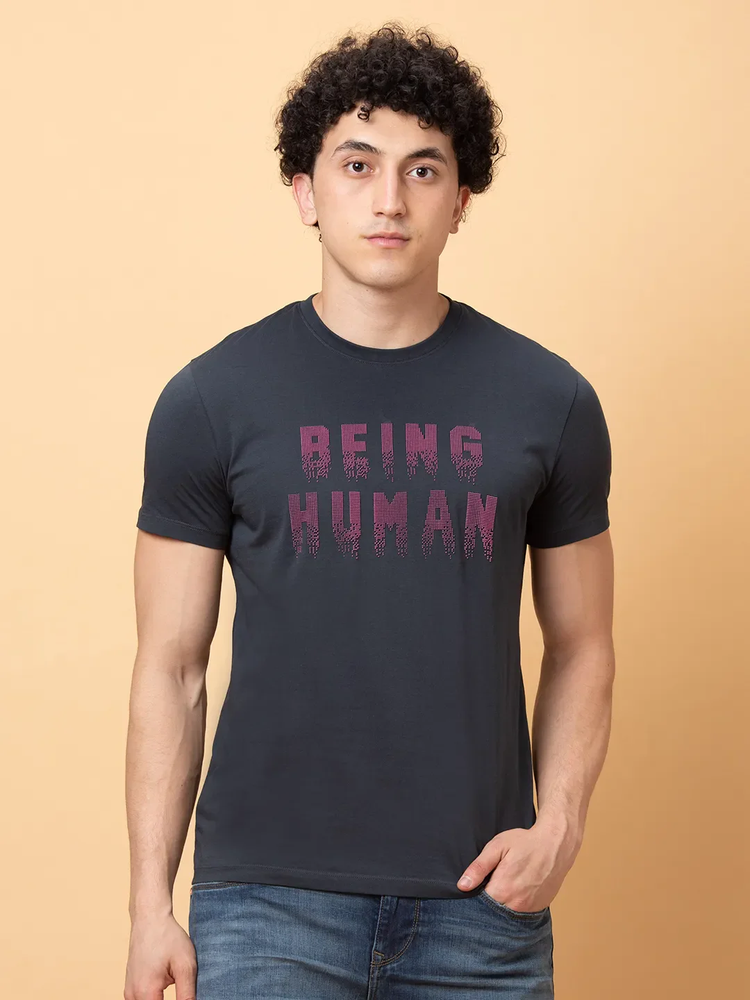 Charcoal Regular Fit Round Neck Men's T-Shirt by Being Human Clothing