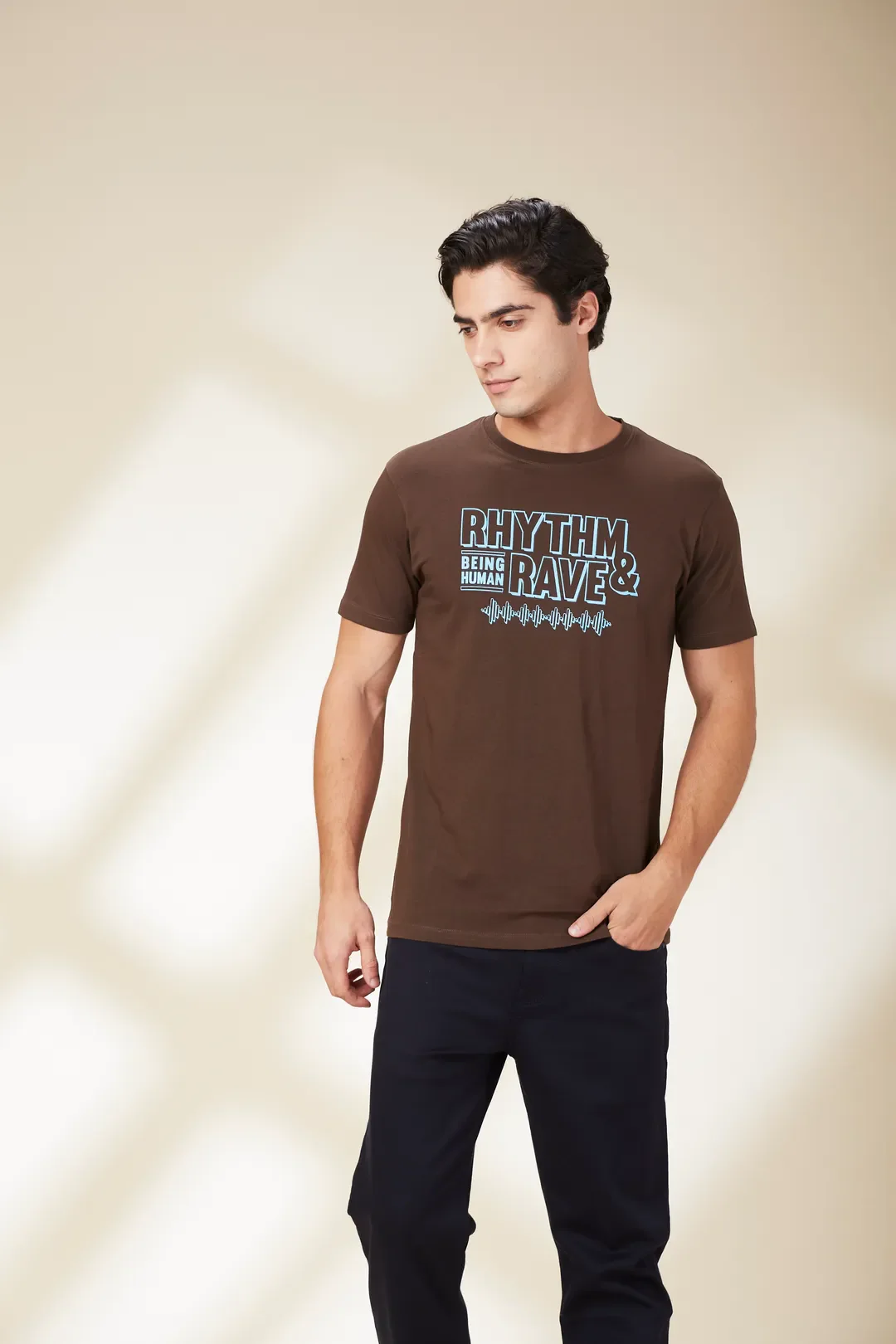 Brown Slim Fit Round Neck Men's T-Shirt by Being Human Clothing - Image 4
