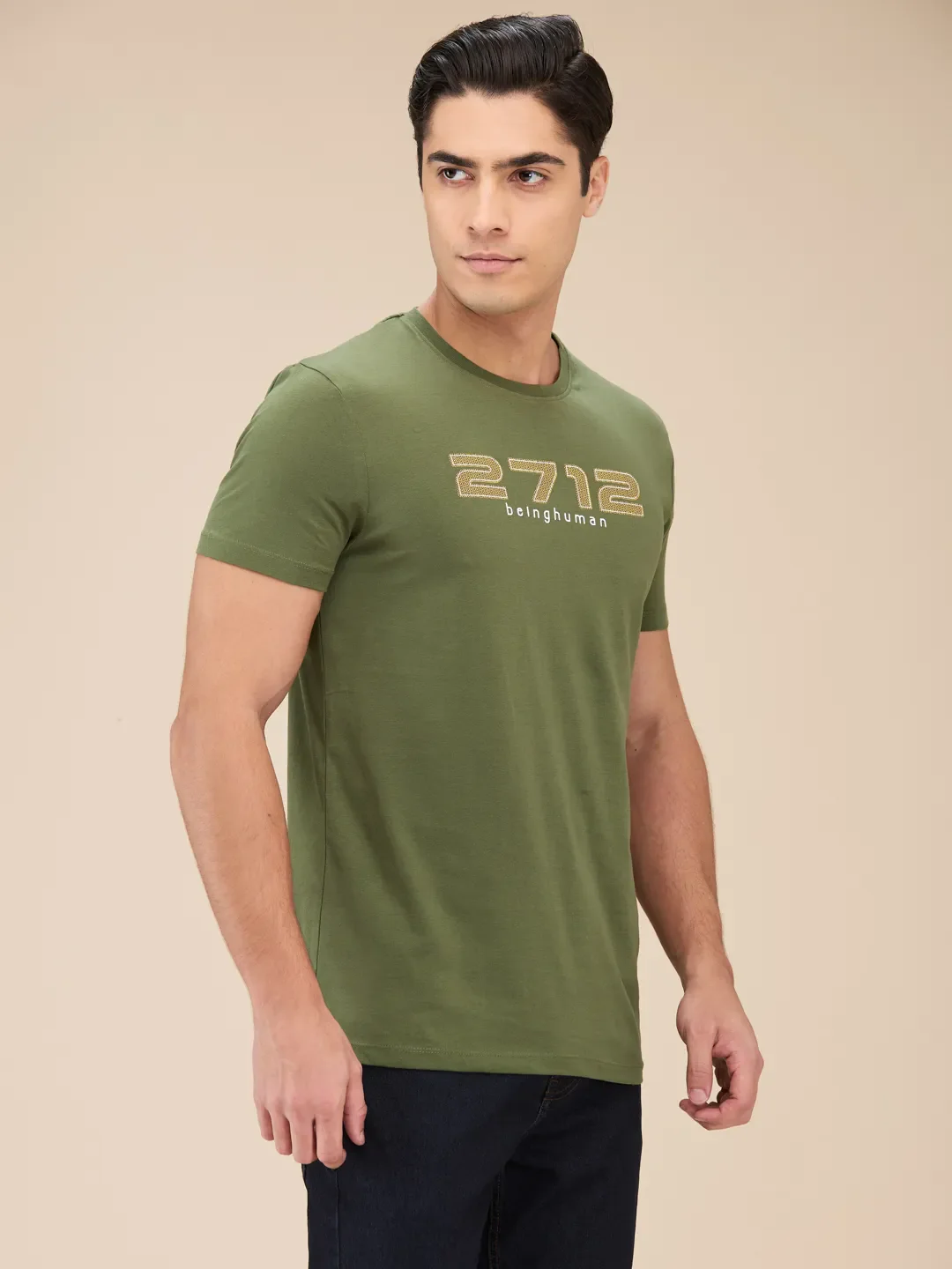 Dark Olive Regular Fit Round Neck Men's T-Shirt by Being Human Clothing - Image 4
