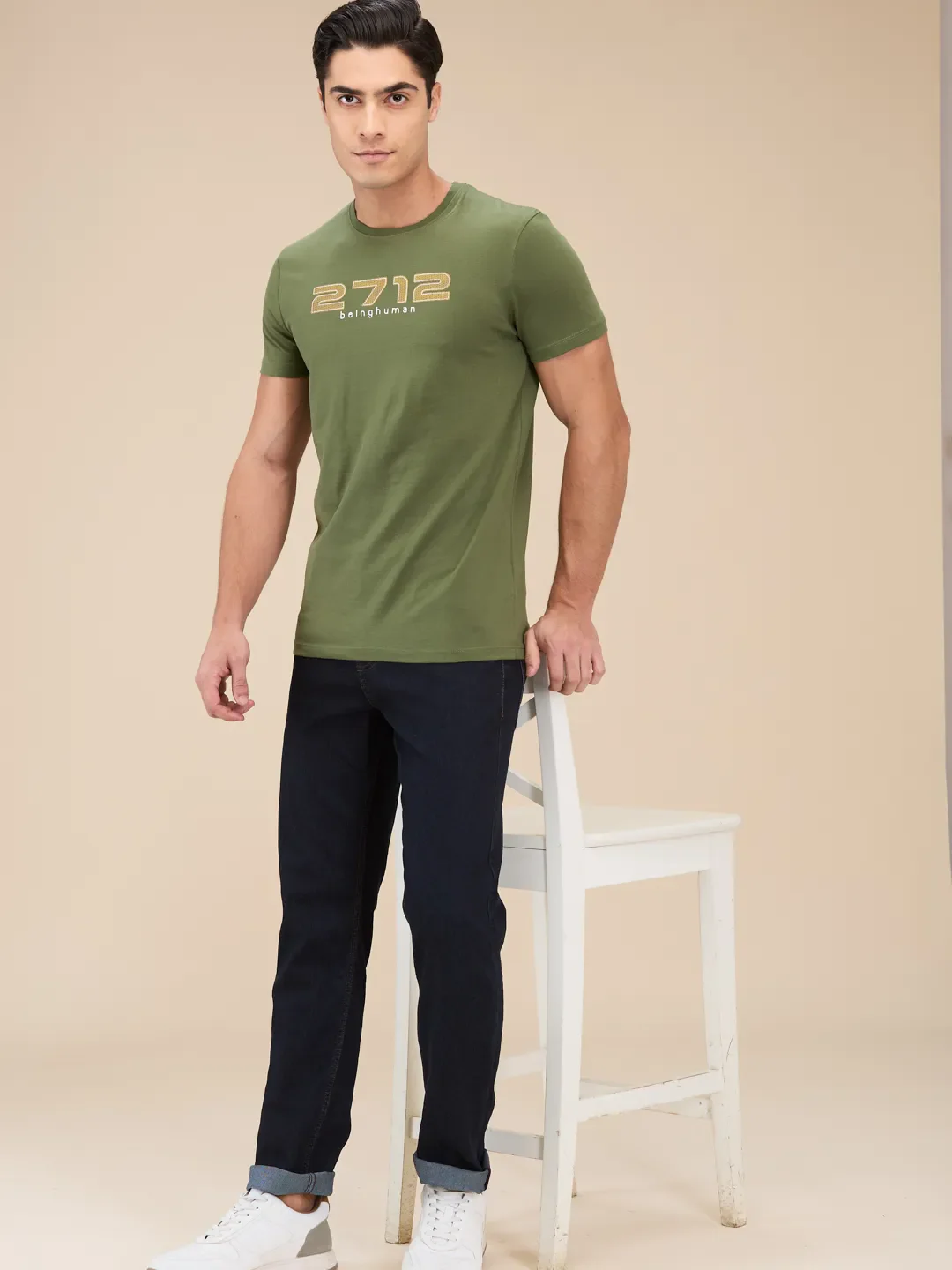 Dark Olive Regular Fit Round Neck Men's T-Shirt by Being Human Clothing - Image 6