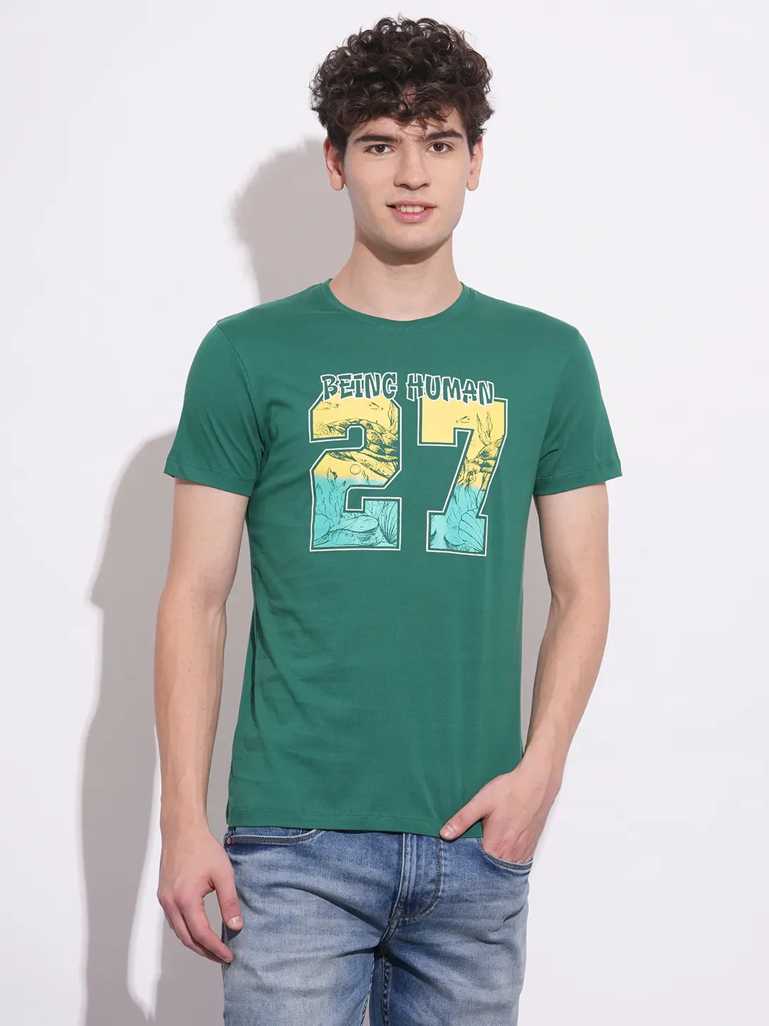 Green Lake Slim Fit Round Neck Men's T-Shirt by Being Human Clothing