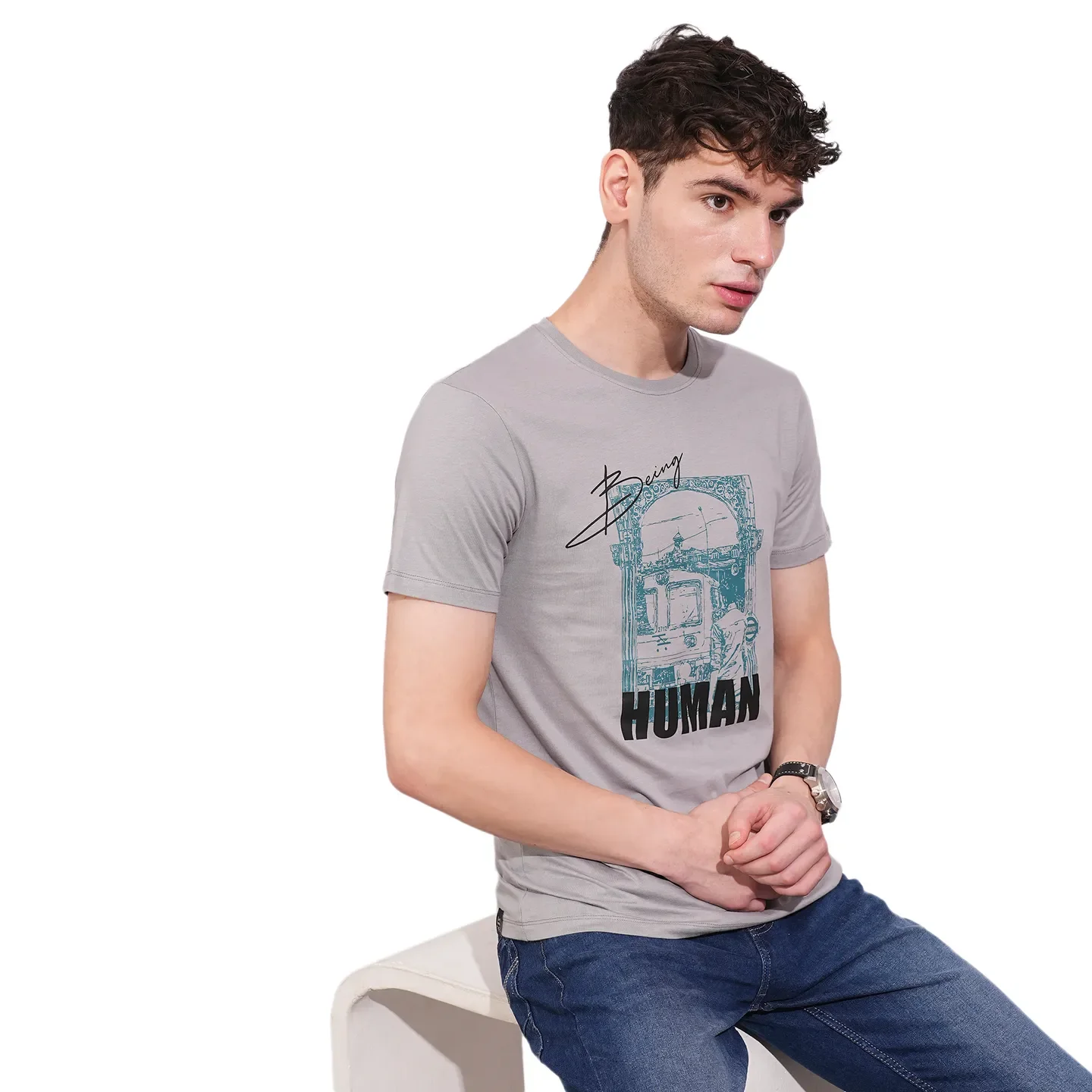 Grey Regular Fit Round Neck Men's T-Shirt by Being Human Clothing - Image 6