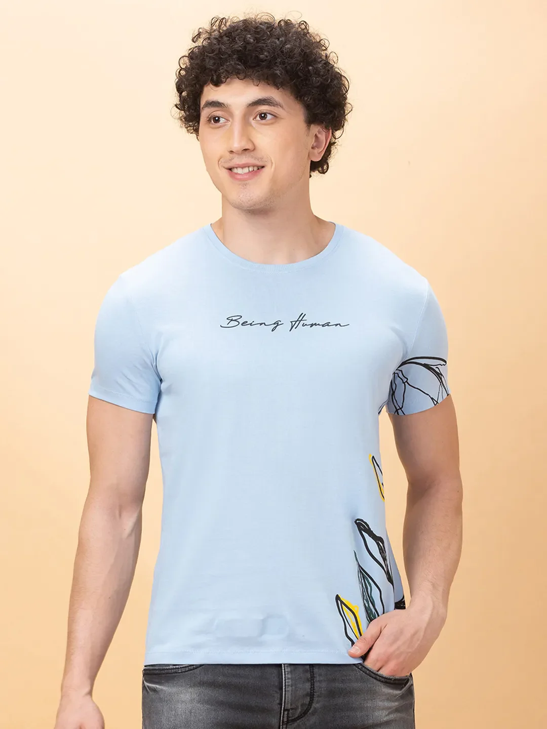 Light Blue Regular Fit Round Neck Men's T-Shirt by Being Human Clothing