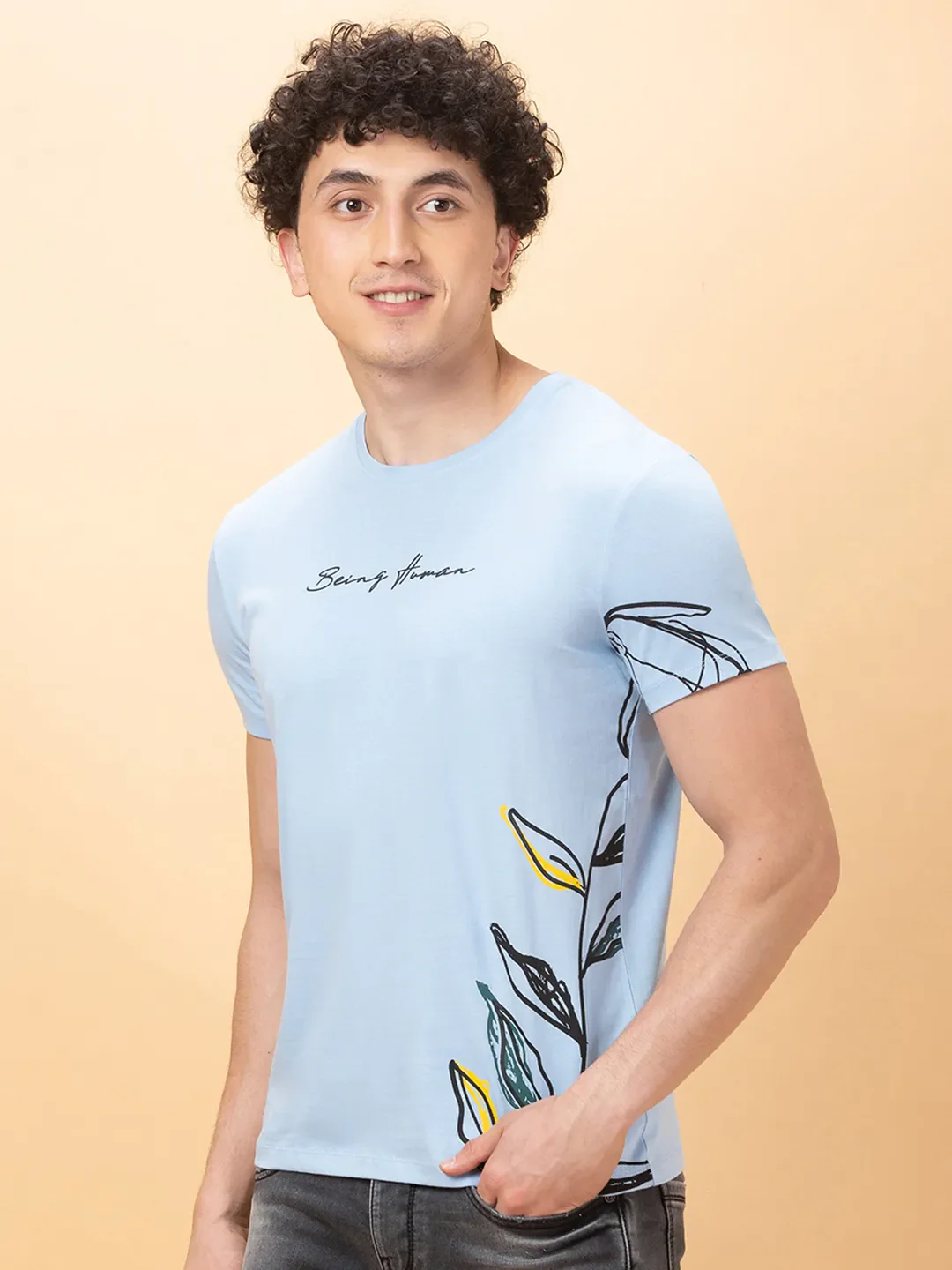 Light Blue Regular Fit Round Neck Men's T-Shirt by Being Human Clothing - Image 4