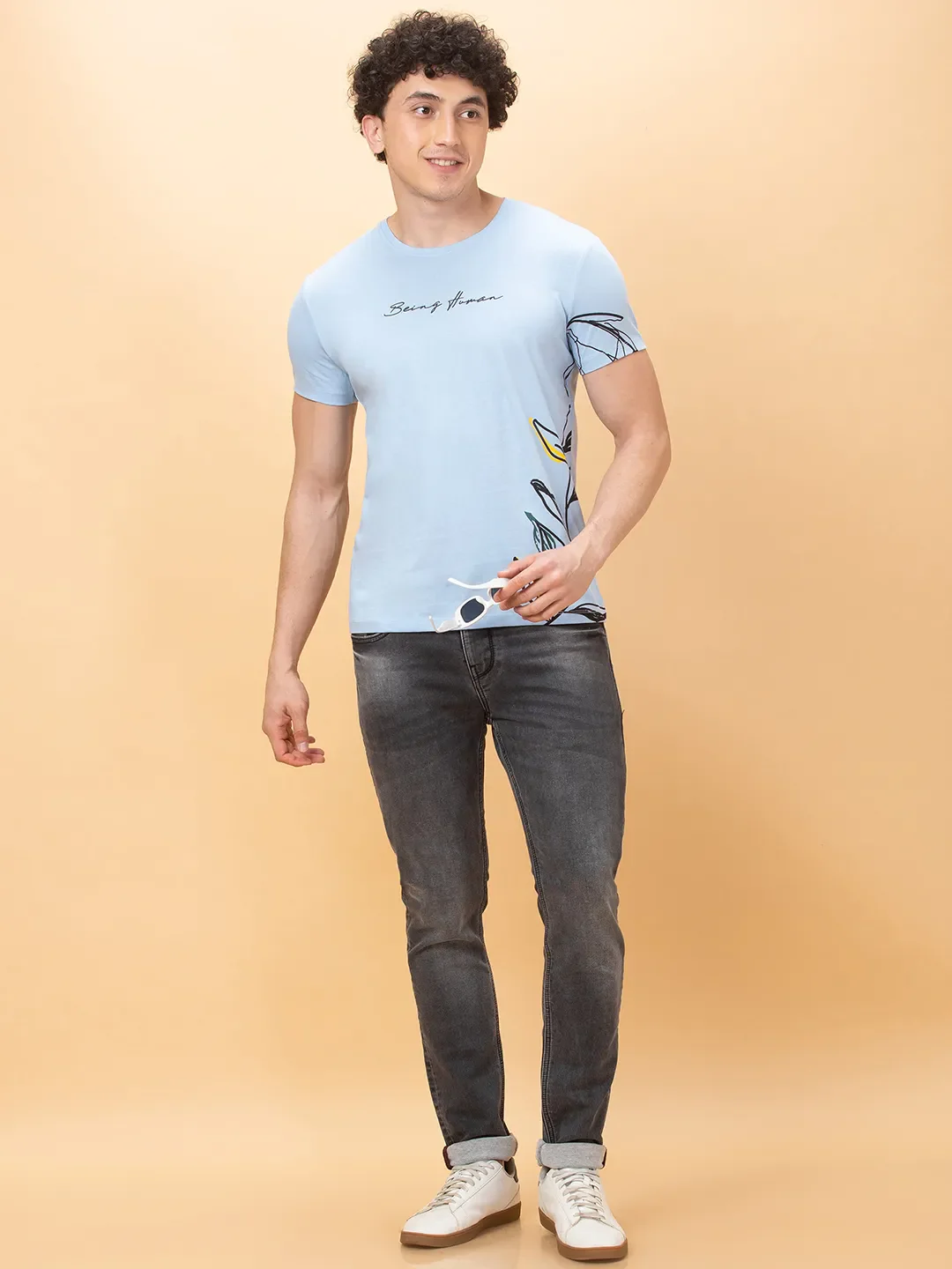 Light Blue Regular Fit Round Neck Men's T-Shirt by Being Human Clothing - Image 6