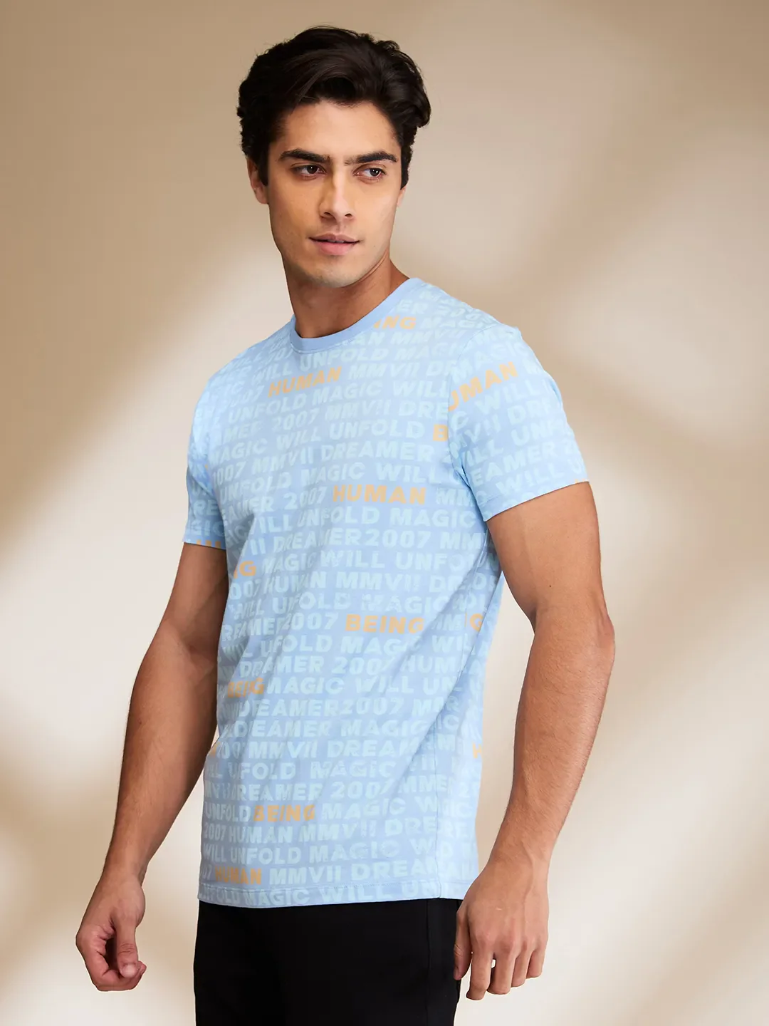 Light Blue Regular Fit Round Neck Men's T-Shirt by Being Human Clothing - Image 4