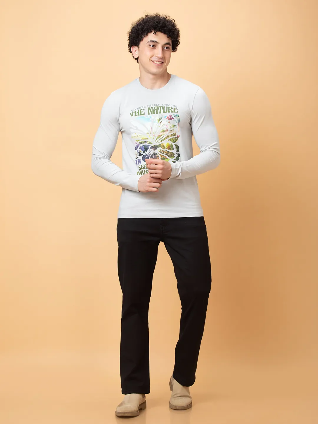 Light Grey Regular Fit Round Neck Men's T-Shirt by Being Human Clothing - Image 2