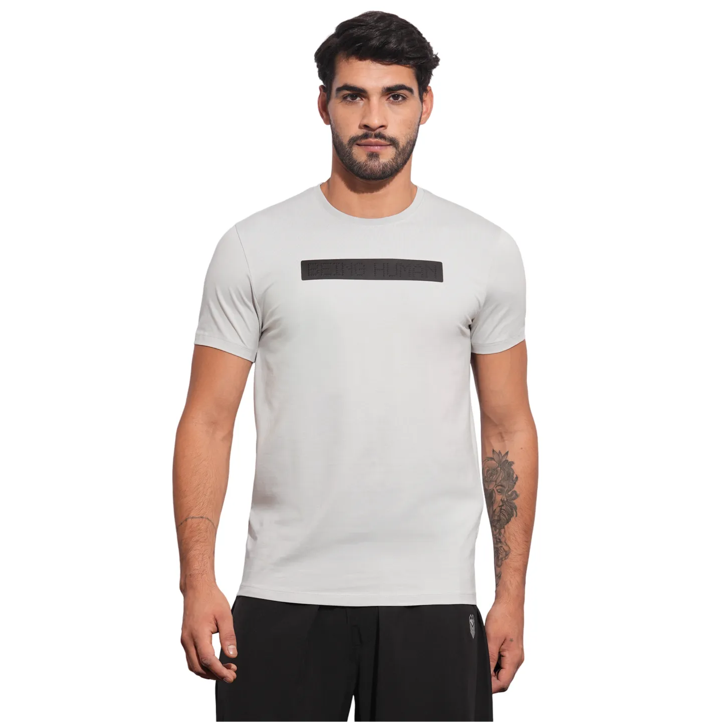 Light Grey Slim Fit Round Neck Men's T-Shirt by Being Human Clothing
