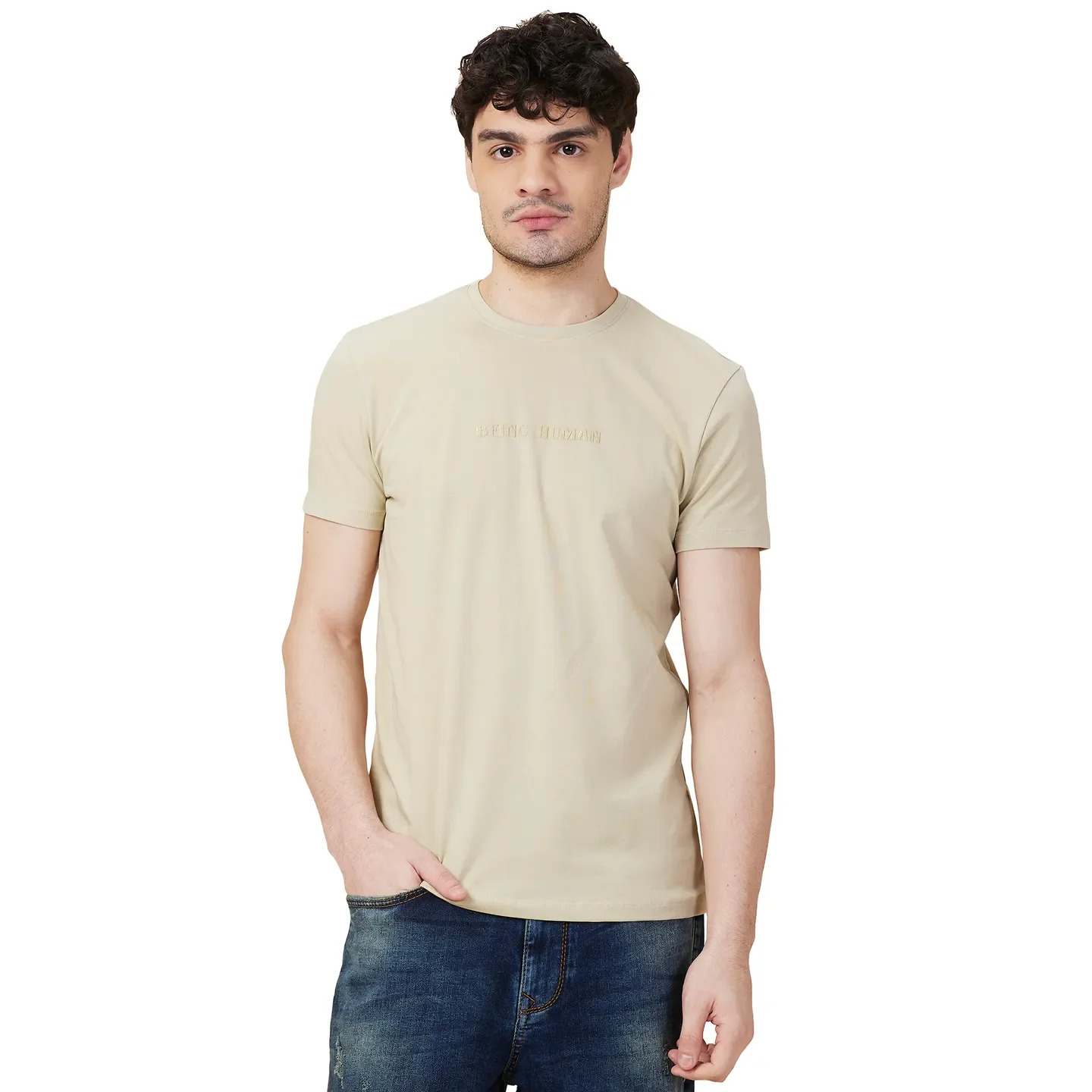 Light Olive Slim Fit Round Neck Men's T-Shirt by Being Human Clothing