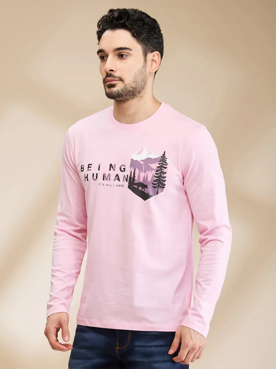 Pink Regular Fit Men's Long Sleeves T-Shirt by Being Human Clothing - Image 4