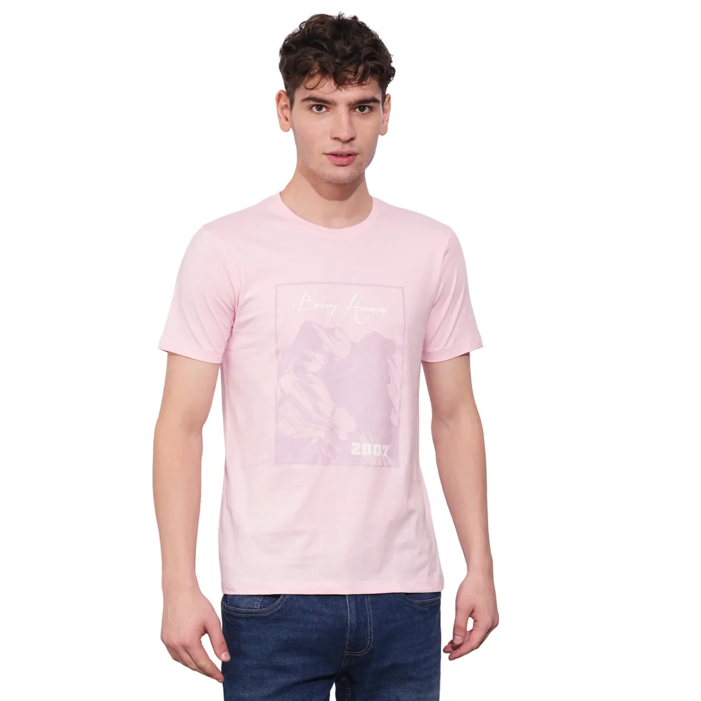 Light Pink Regular Fit Round Neck Men's T-Shirt by Being Human Clothing