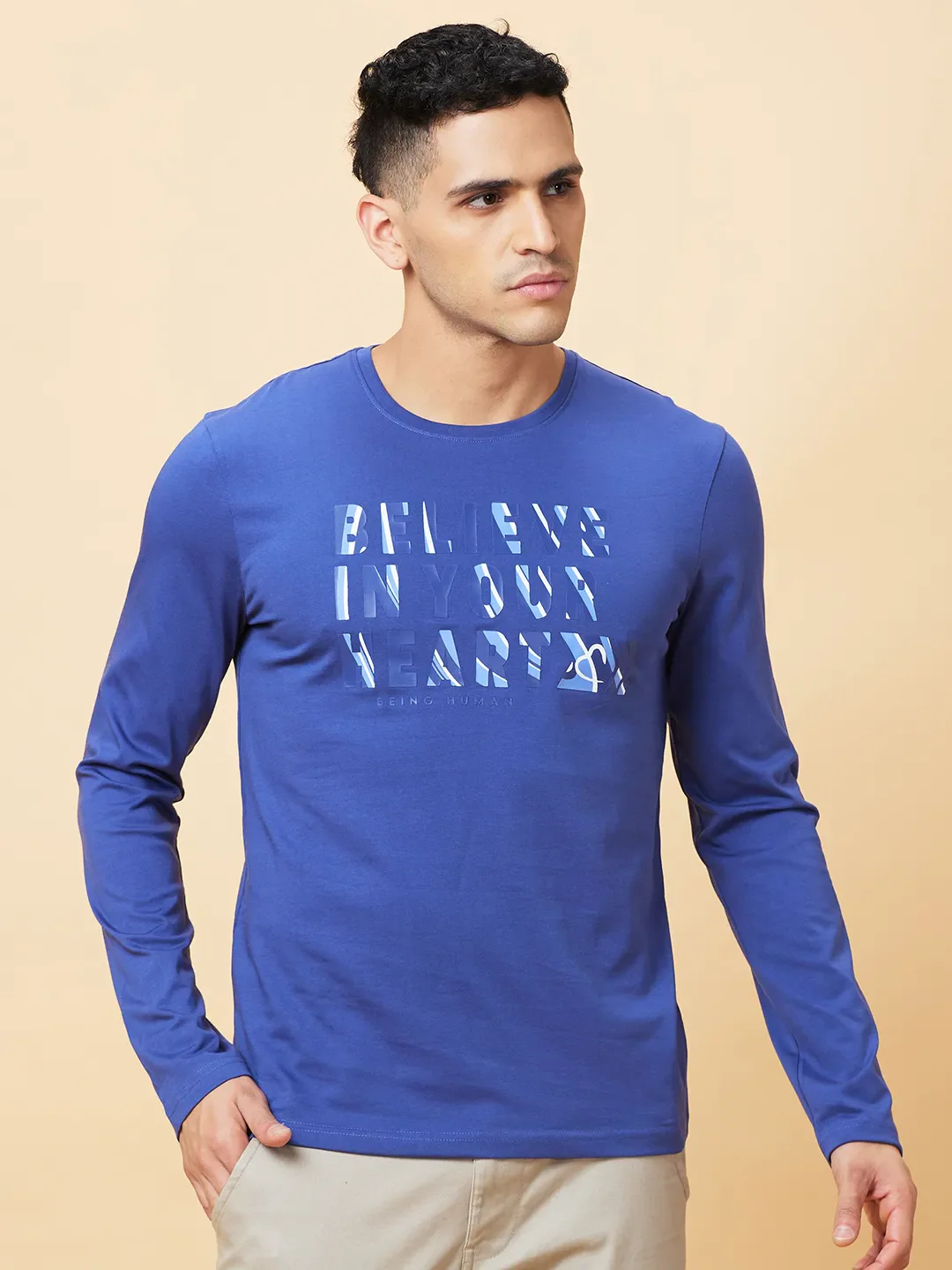 Navy Regular Fit Round Neck Men's T-Shirt by Being Human Clothing