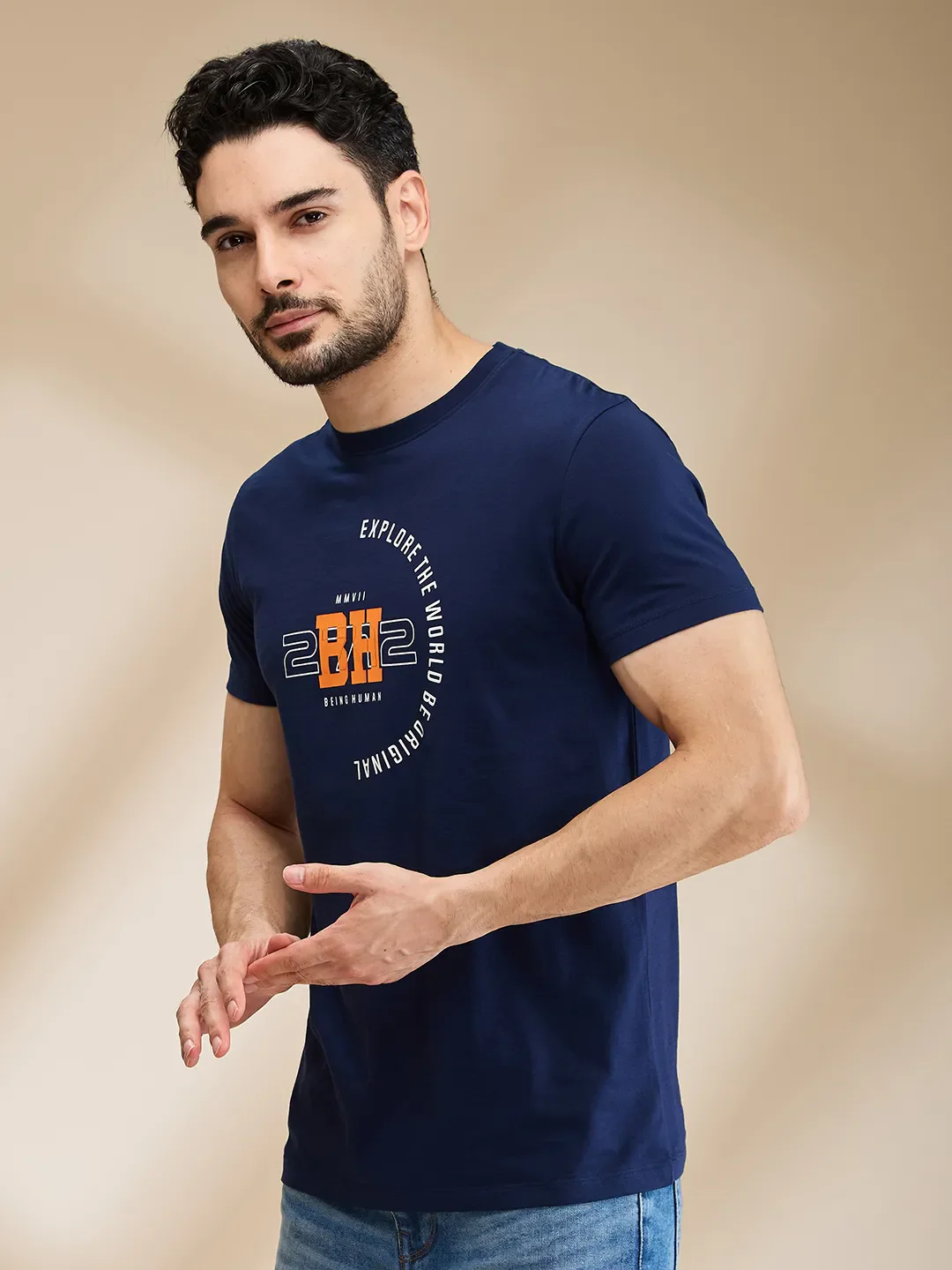 Dark Blue Regular Fit Men's Short Sleeves T-Shirt by Being Human Clothing - Image 4
