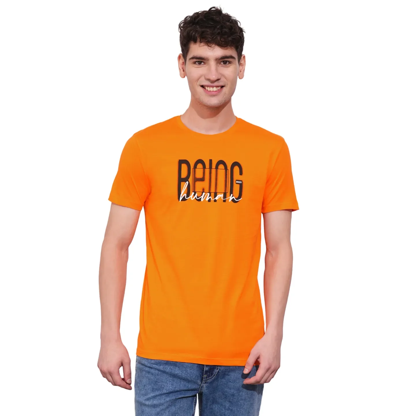 Orange Regular Fit Round Neck Men's T-Shirt by Being Human Clothing