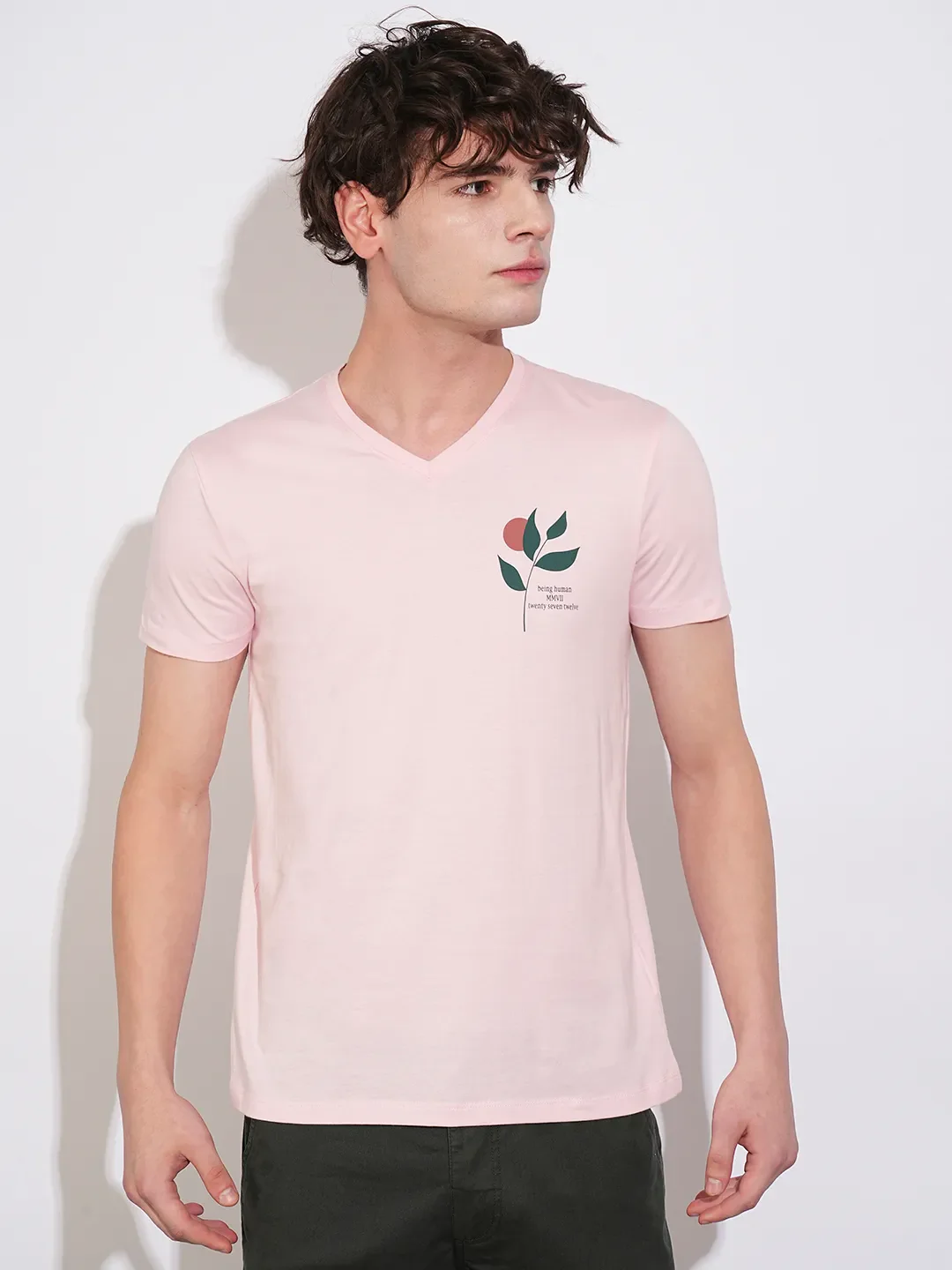Pink Regular Fit V Neck Men's T-Shirt by Being Human Clothing