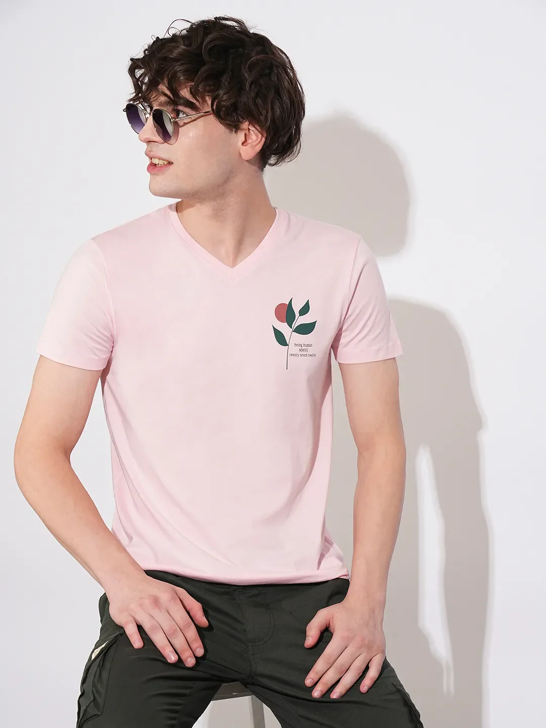Pink Regular Fit V Neck Men's T-Shirt by Being Human Clothing - Image 6