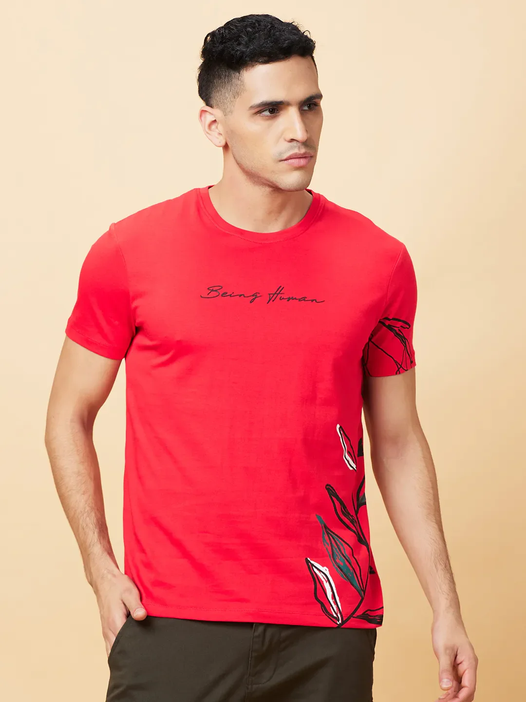 Red Regular Fit Round Neck Men's T-Shirt by Being Human Clothing